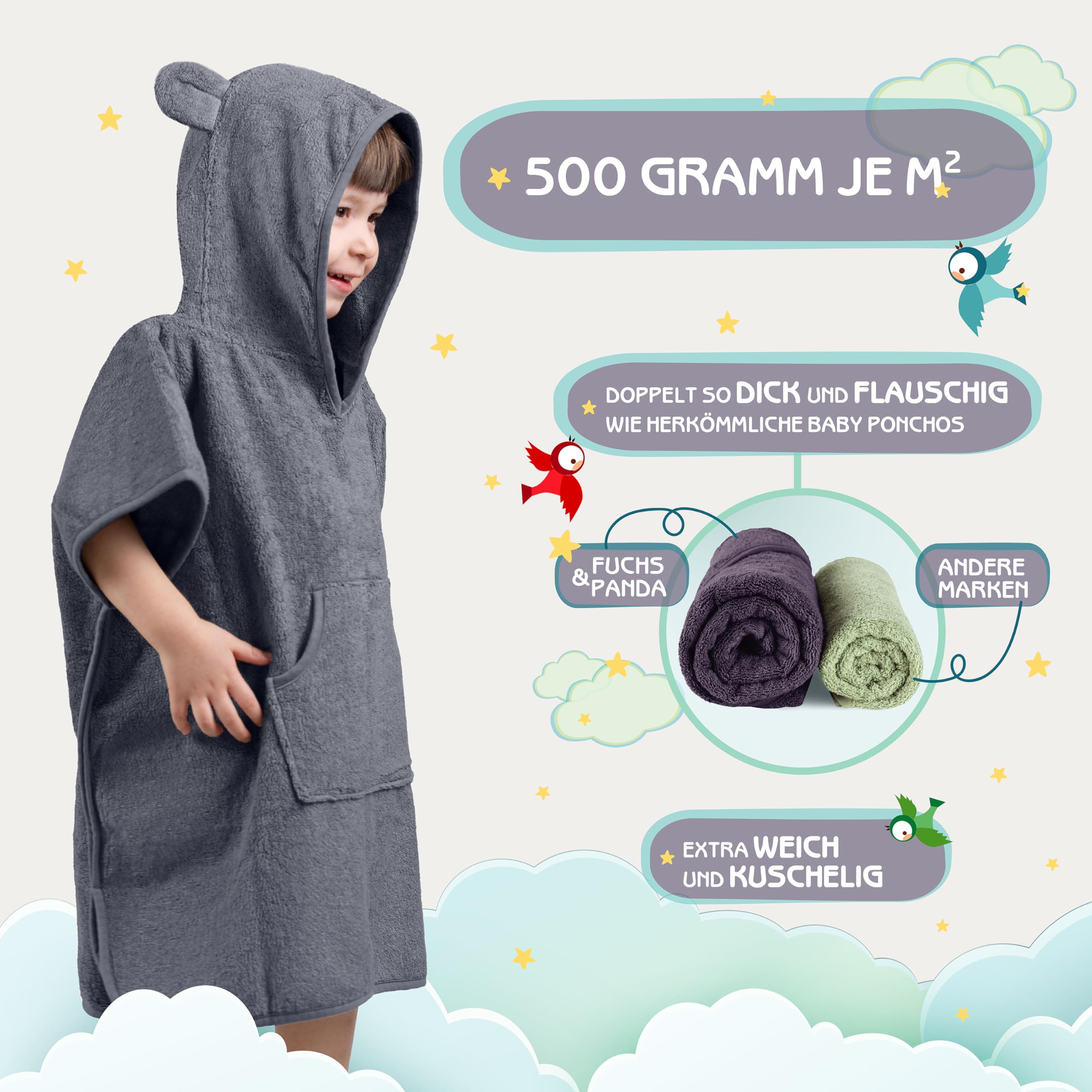 Fuchs & Panda Baby badhanddoek met capuchon, extra dik, warm en zacht, 75 x 75 cm, 100% bamboe, met leuke geschenkdoos, kleur bruin