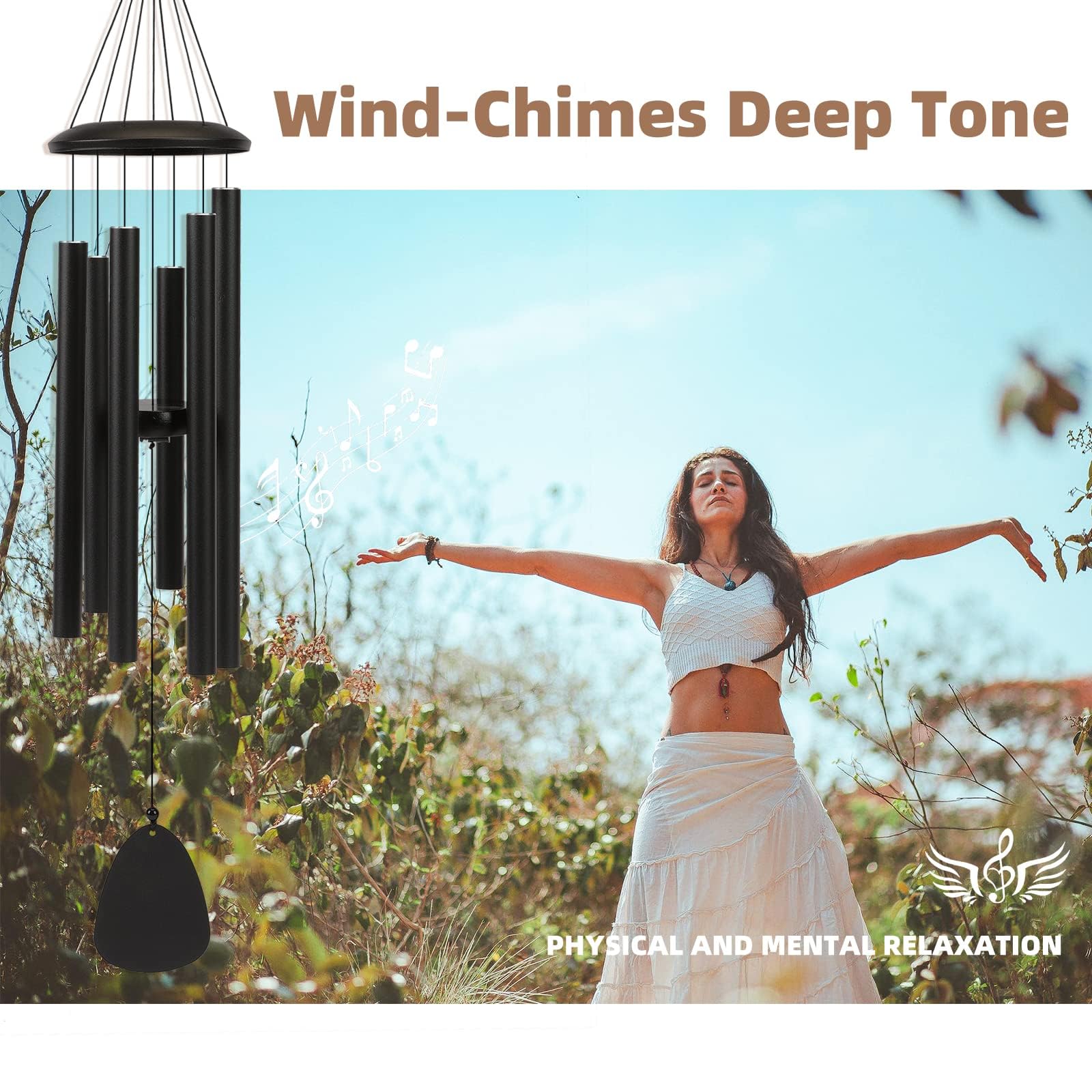 Windspiel für draußen, 6-Röhren-Klangspiel für Garten, Balkon und Terrasse, Hängende Gartendekoration, Schwarz, 32 Zoll