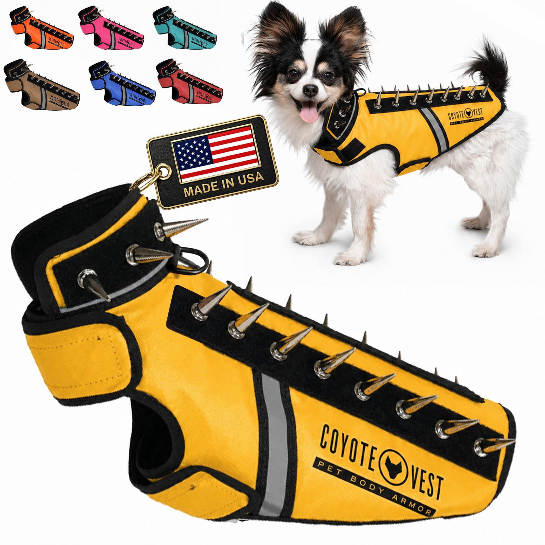 CoyoteVest SpikeVest Dog Harness | Stab-Resistant Protective Vest | Coyote Vest for Dogs | Defends Against Coyotes, Dogs, Birds of Prey | Reflective Safety, Made in USA (XS-Yellow) โ image 1