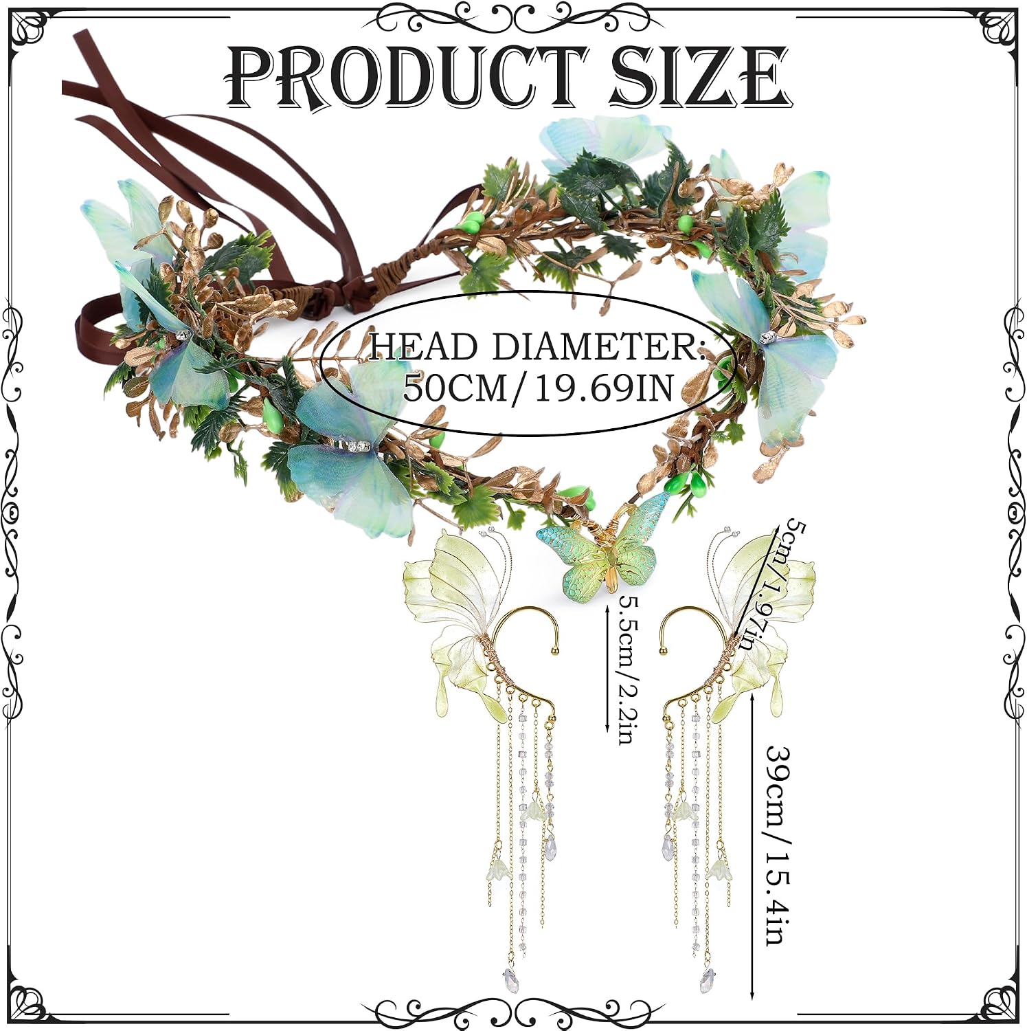 MOSTORY Butterfly Fairy Accessories Set - Woodland Flower Elf Crown Elf Ear Cuffs Kit for Women Renaissance Fantasy Cosplay