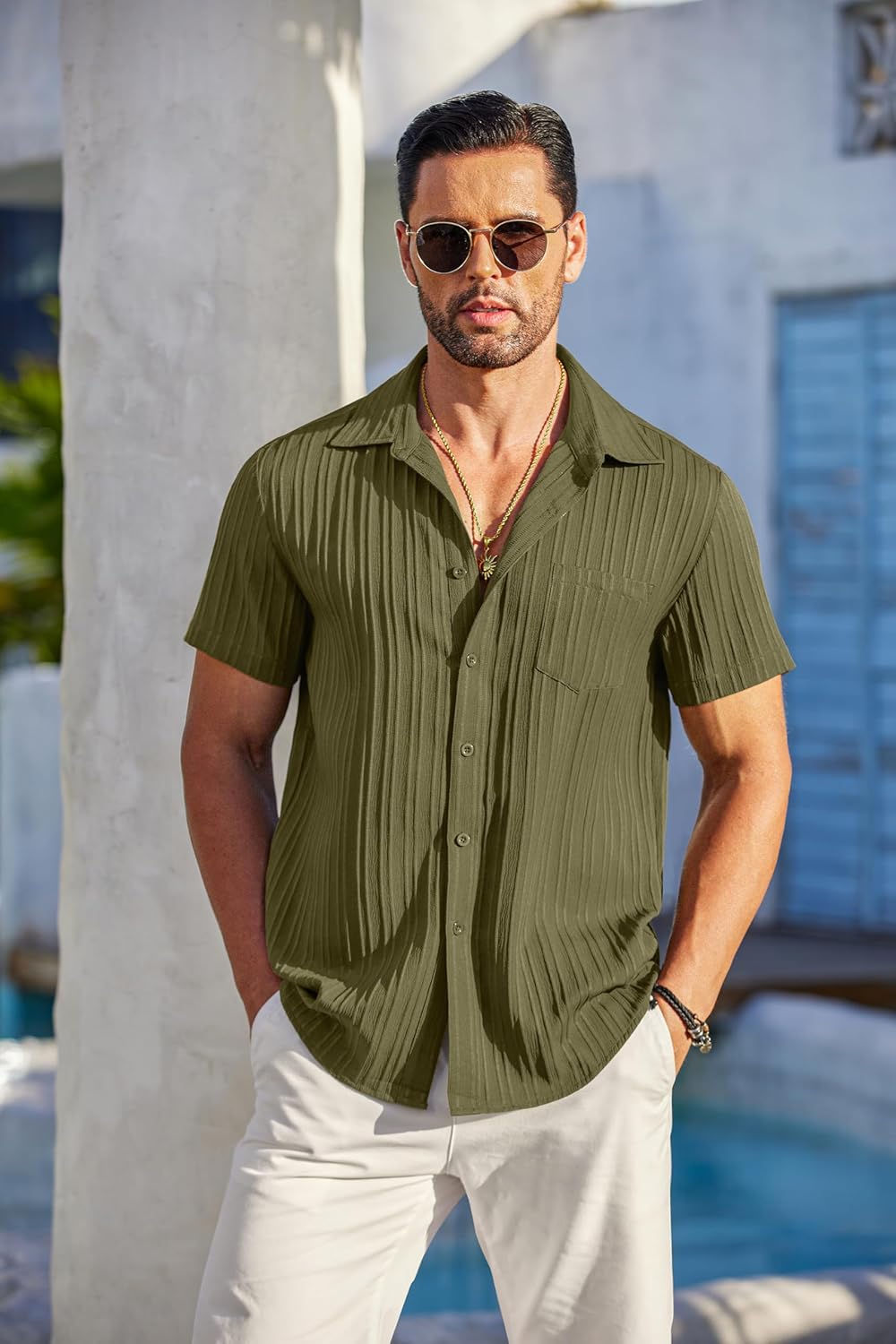 COOFANDY Men's Casual Button Down Shirts Short Sleeve Textured Summer Beach Shirt with Pocket - Image 2