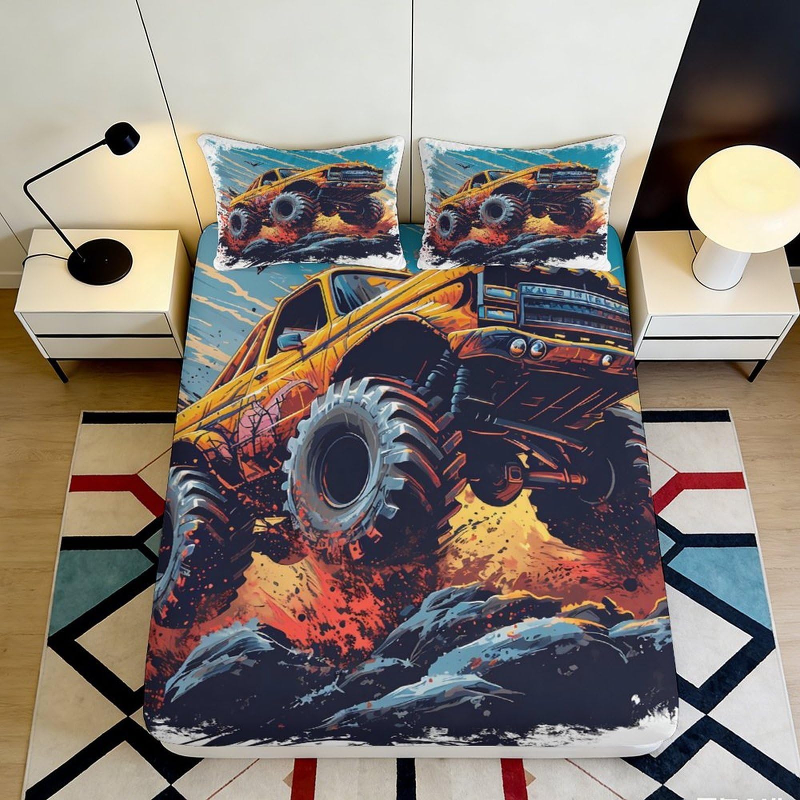 3D Printed Monster Truck Fitted Sheet Microfiber Soft Bed Cover for Boys Bedroom Guest Room Dorm Protection 90x200x25cm