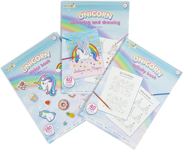 Unicorn Activity Books x 3 - Unicorn Gifts for Girls Unicorn Colouring Book, Activity Book and Unicorn Sticker Book - Colouring Book - Unicorn Party Bag Fillers for Kids