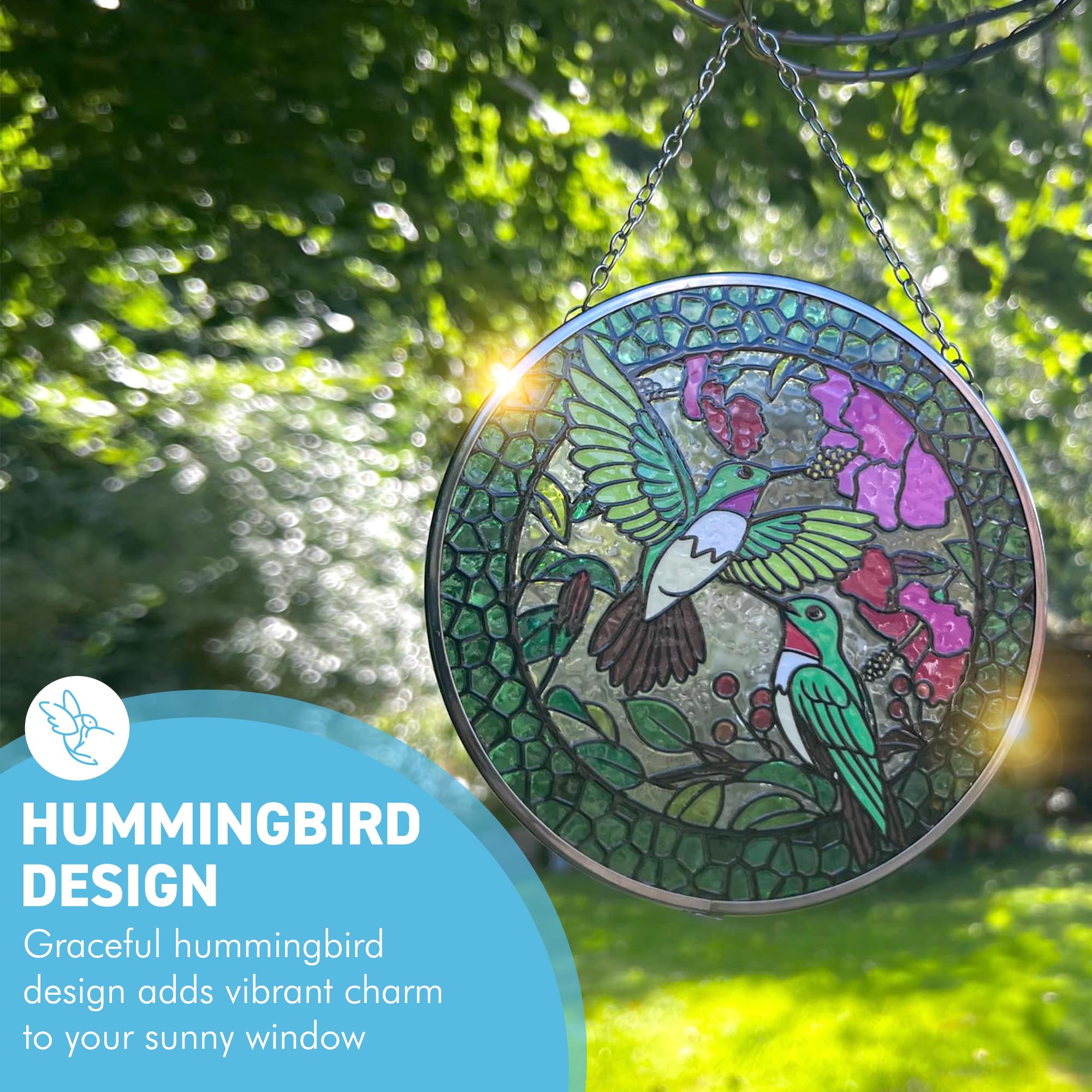 Hummingbird Design Stained Glass Suncatcher - 6-Inch Window Art Decoration, Multicolor, 6 Inch Diameter - Image 3