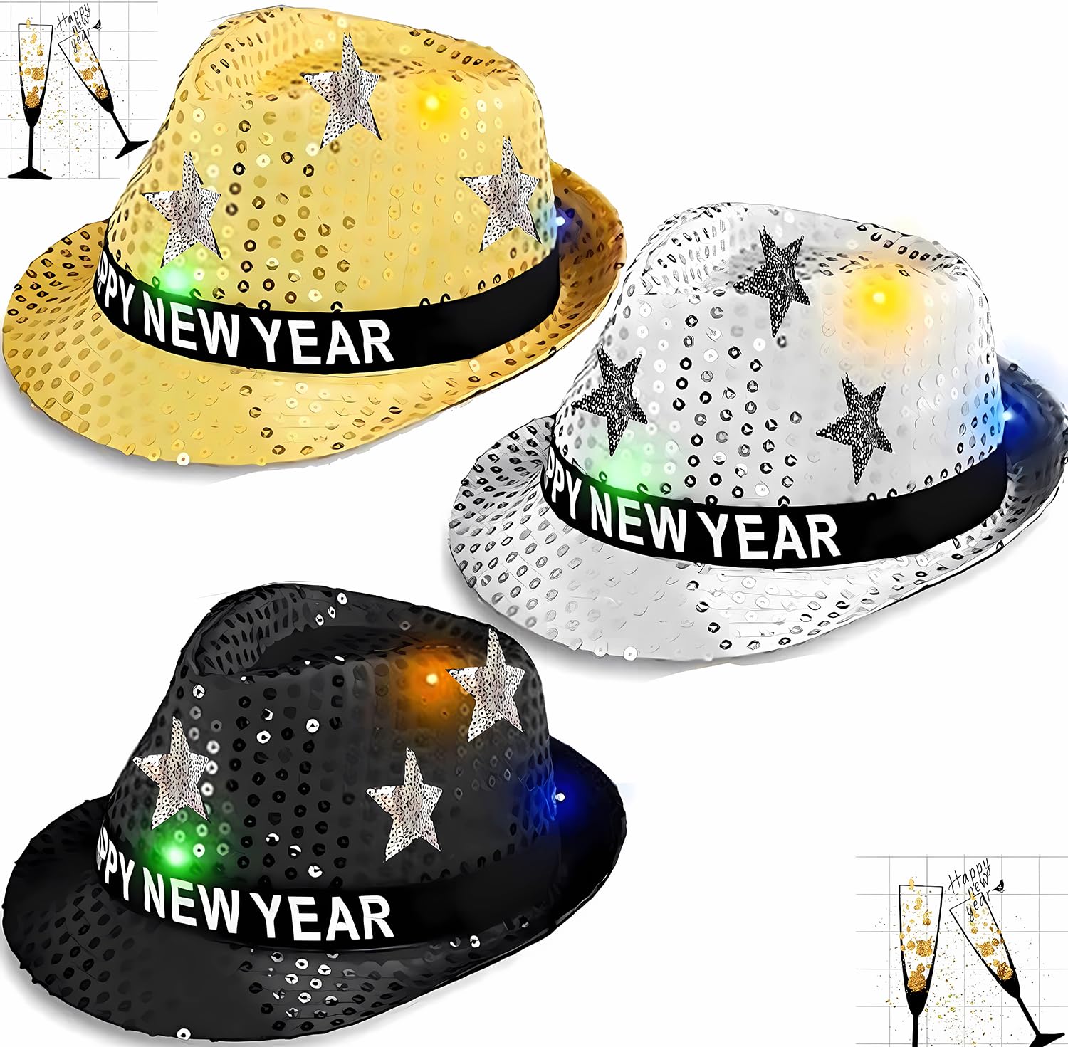 Bdecoll 3 Pack New Year Hat Fedora Hats New Years Hats New Year Eve Sequin Hat Gold Black Silver Happy New Year Hat for Adults Men and Women Christmas New Year Party Decorations