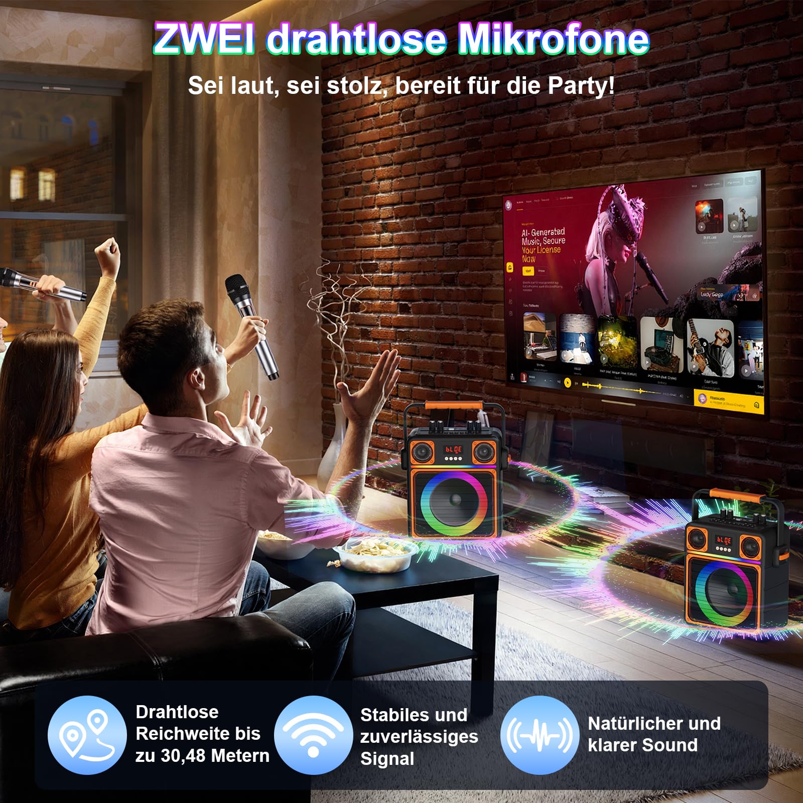 Karaoke Maschine mit 2 Mikrofone, GuKKK Tragbaren Bluetooth Lautsprecher Box und DJ-Lichtern für Erwachsene und Kinder, Karaoke Anlage Unterstützt TF/USB, FM, AUX in, TWS für Party, Geburtstag, Reisen