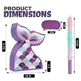 Birchio Mermaid Tail Pinatas Bundle with a Blindfold and a Bat (16.5 x 12 x 4 Inches), Perfect for kid\'s Birthday Parties, Mermaid Theme Parties for Girls, Decorations