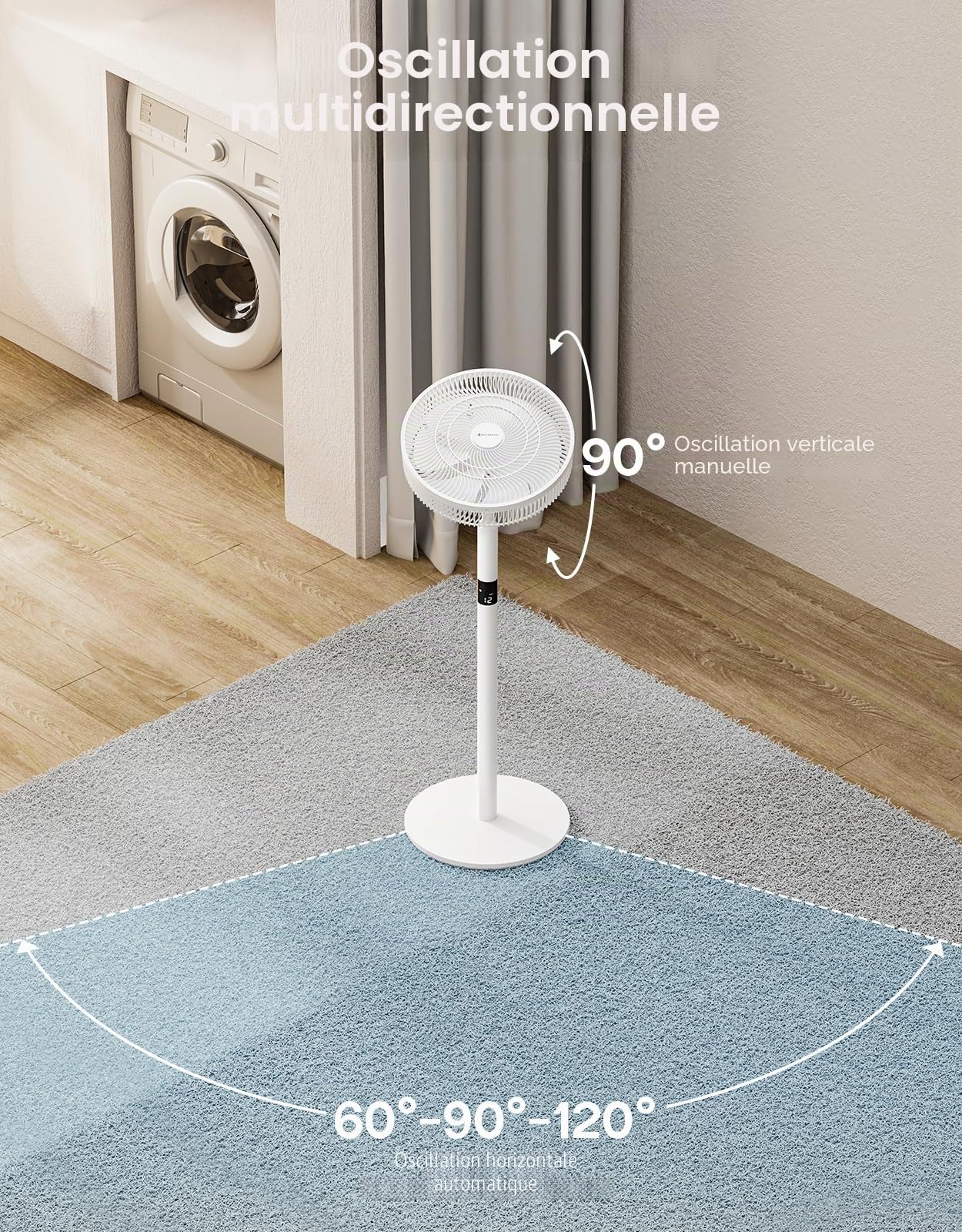 MYCARBON Ventilateur Sur Pied Silencieux avec Télécommande 20dB Moteur DC 2200m³/h 12 Vitesses 12h Timer Oscillation LED Écran Hauteur Réglable 102cm/74cm/48cm Ventilateur de Table pour Chambre