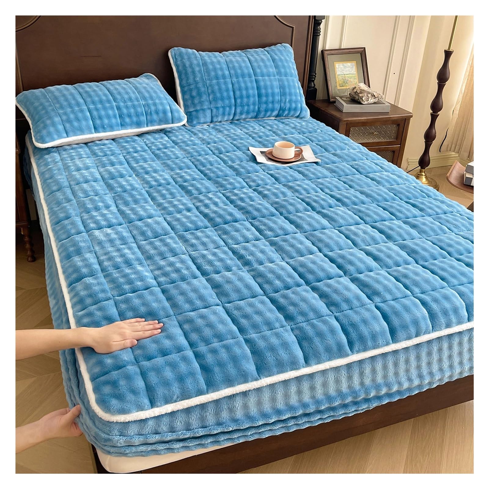 Ultramiękki Blue Fce Velvet zestaw pościeli z gumką, elastyczny uchwyt 360°, ochraniacz na materac zimowy, zawiera 2 poszewki na poduszki, pasuje do rozmiaru podwójnego 119 x 199 cm