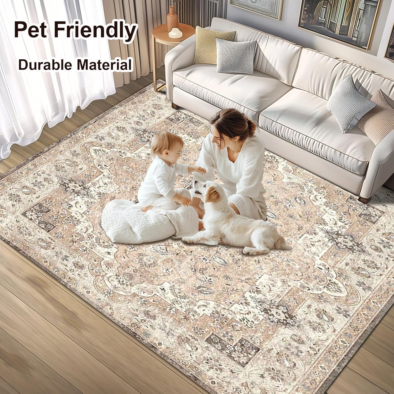 Petmolico Beige Area Rugs for Living Room,5x7 Faux-Cashmere Washable Carpets for Bedrooms, Vintage Foldable Kitchen Area Rug Thin Accent Rug (Beige)