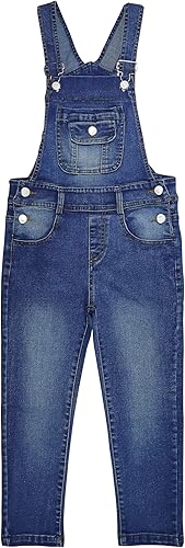 KIDSCOOL SPACE Overol de mezclilla para niñas, banda elástica en el interior, bolsillos con solapa, suave y elástico