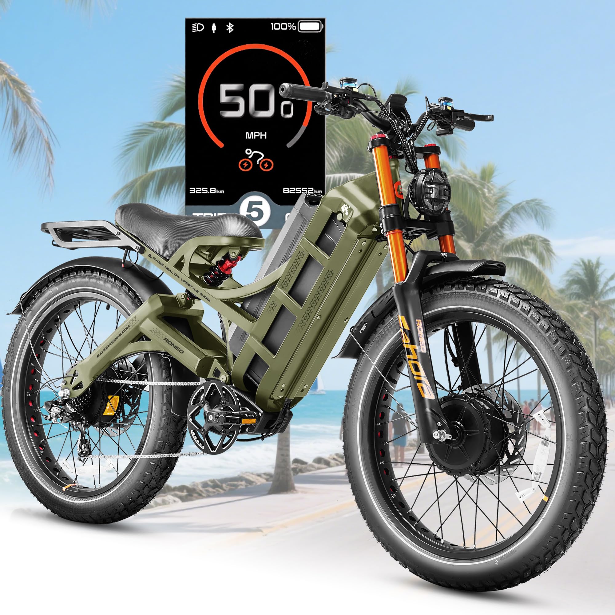 eAhora Romeo Pro 3/2 [2026] 46-50 Mph Electric Bike for Adults, Peak 5600W Dual Motor Ebike, 60V/52V 80Ah/70Ah 250 Miles Long Range E Bike, 26”*4.0 Fat Tire Air Full Suspension Off-Road E-Bike