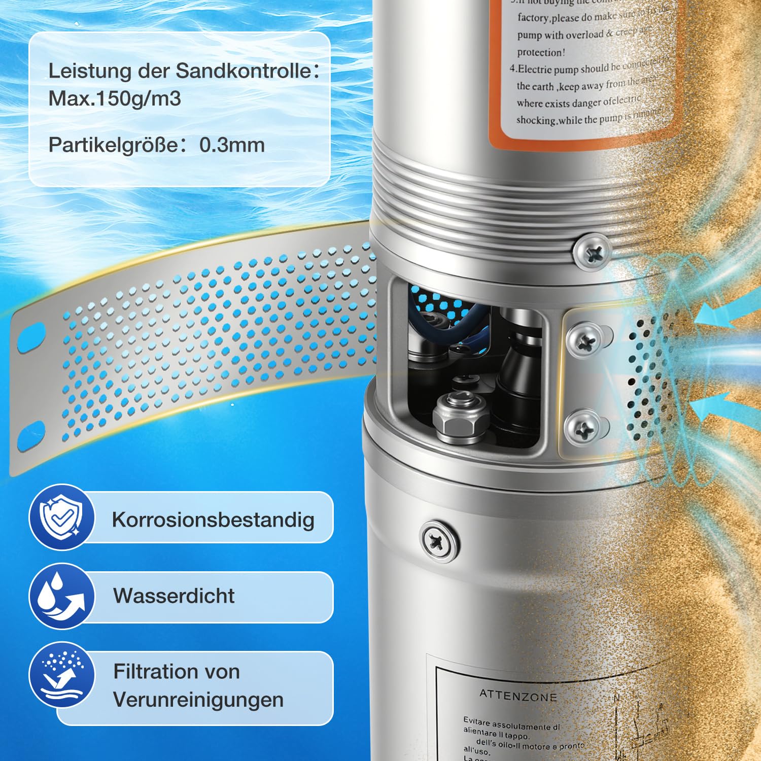 1100W Tiefbrunnenpumpe 4 Zoll Edelstahl, Brunnenpumpe mit integrierter Steuerung, 4000 L/h 84 m 8,0bar mit 20 m Kabel, Max.150g/m3 IP68 für Gartenbewässerung, Brunnen, Zisterne