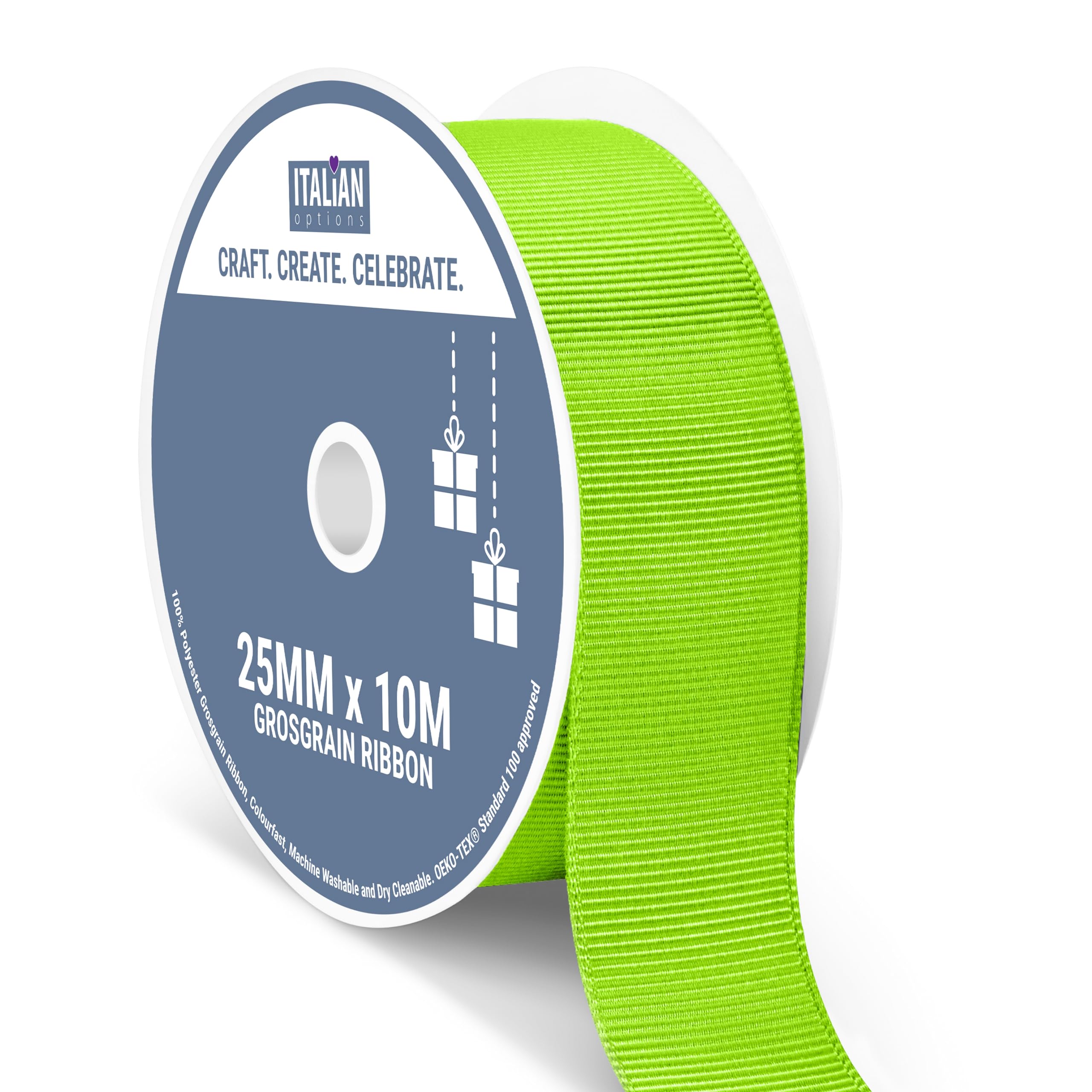 Italian Options Grosgrain Ribbon 25mm, Strong Plain Lime Green Ribbon for Bows, Wedding, Crafting, Sewing, Hair Accessories, Gift Wrap, 25 mm x 10 Metre Roll, Lime — image 1
