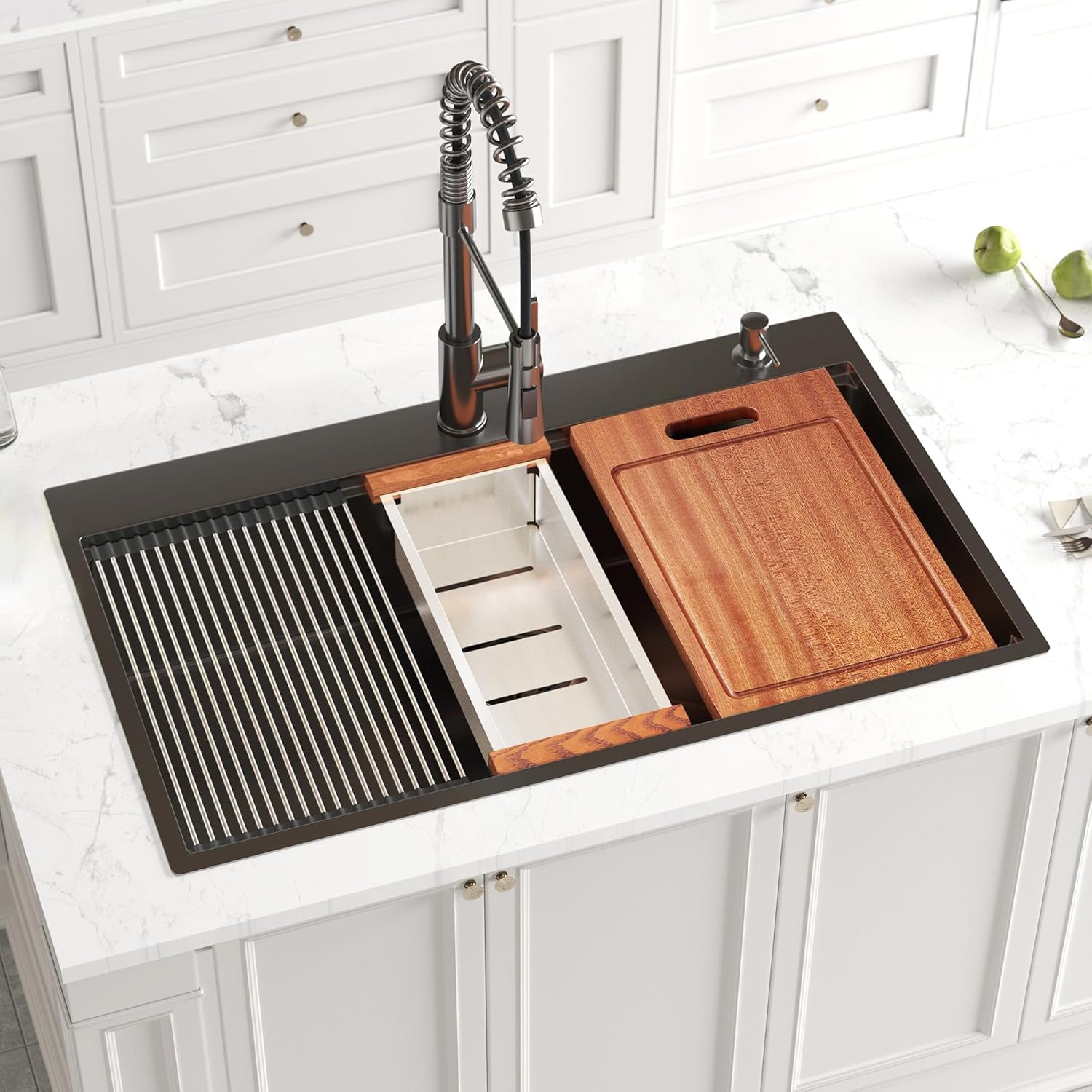 36 inch Gunmetal Black Drop in Kitchen Sink, ALWEN Top Mount Single Bowl Workstation Deep Sink, PVD Nano Stainless Steel with Pull Out Faucet & Accessories