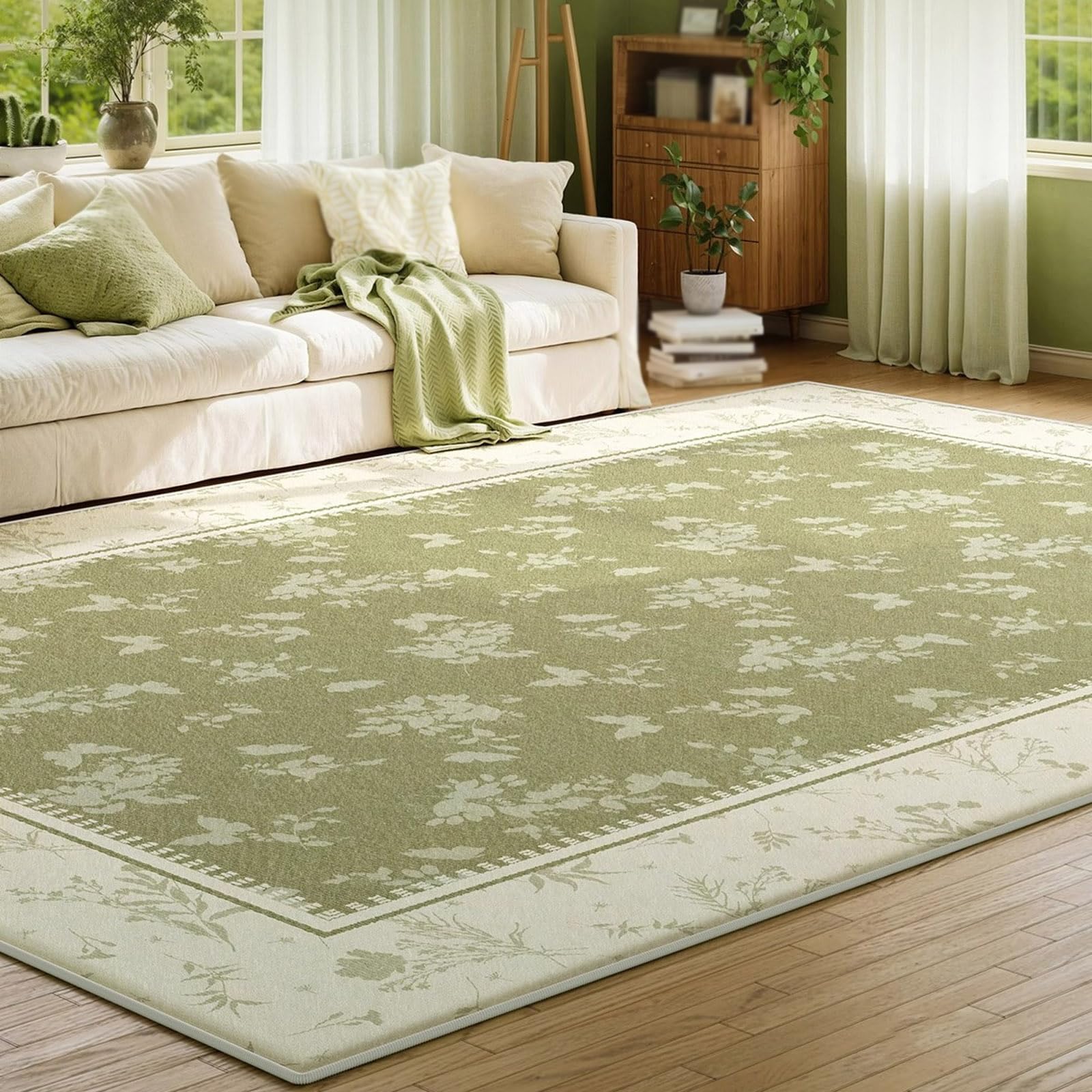 Tapis de salon vert 155 x 215 cm vintage floral pour chambre et maison