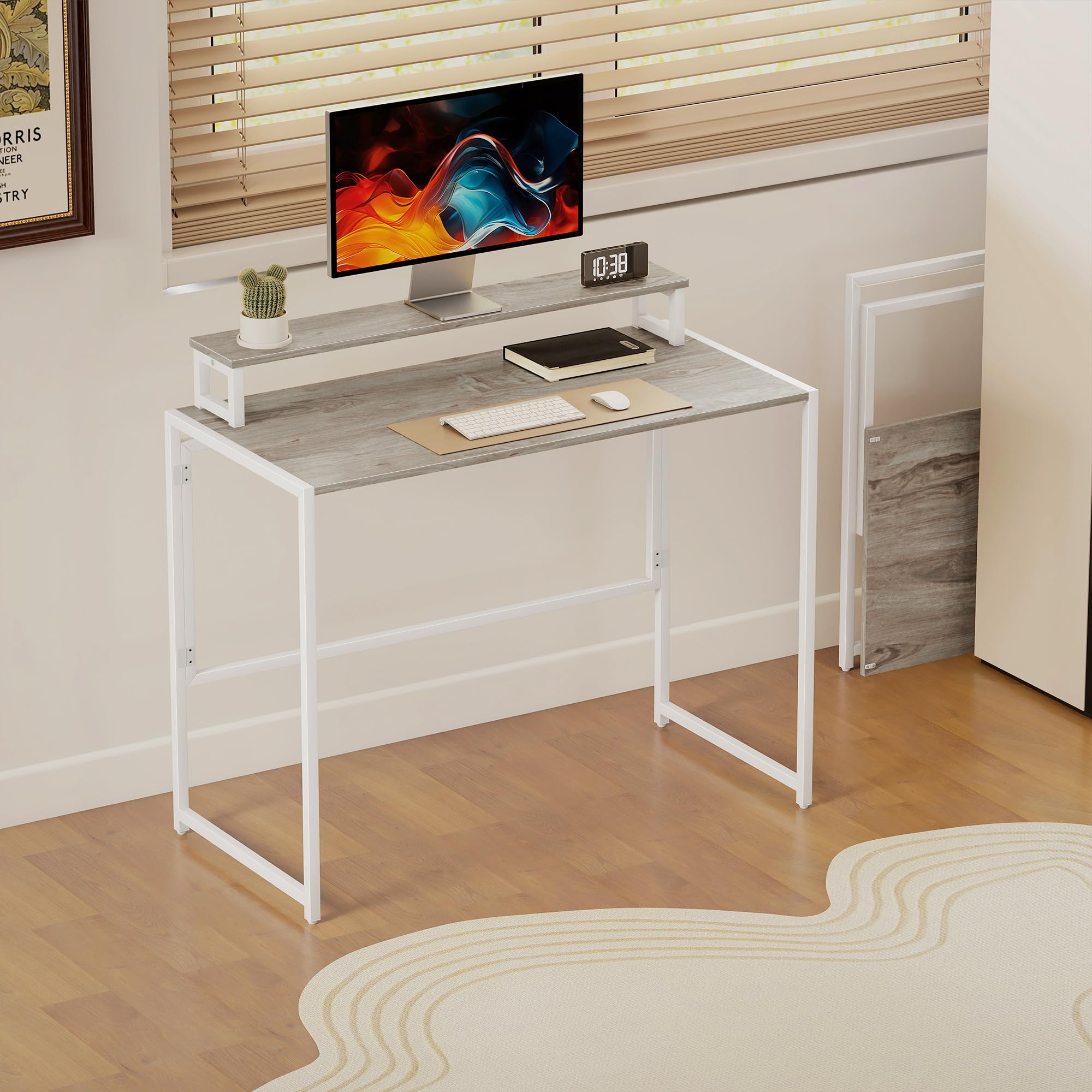 HOMCOM Bureau d'ordinateur Pliable, Bureau avec Support pour écran, Cadre en Acier, pour Chambre, Salle d'étude, Petits espaces, 100 x 48 x 87,5 cm, Bois Naturel