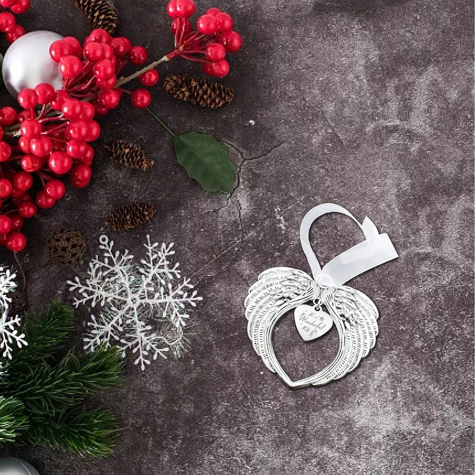 CREATCABIN 2Pcs Wing Memorial Christmas Ornament Angel Wing Gifts Heart Tree Hanging Pendants for Christmas Thanksgiving Gift Decorations Home Party With Silk Ribbon-It's A Wonderful Life - Image 4