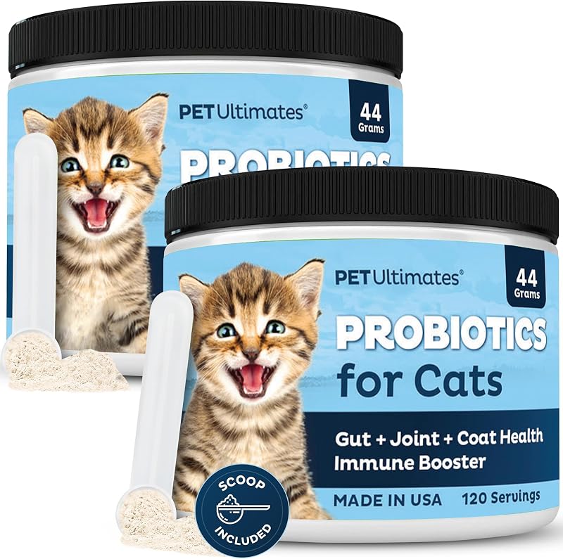 Probiótico em pó para gatos PetUltimates com 20 espécies, sem açúcar, soja ou trigo, Pacote com 2 – 88 g