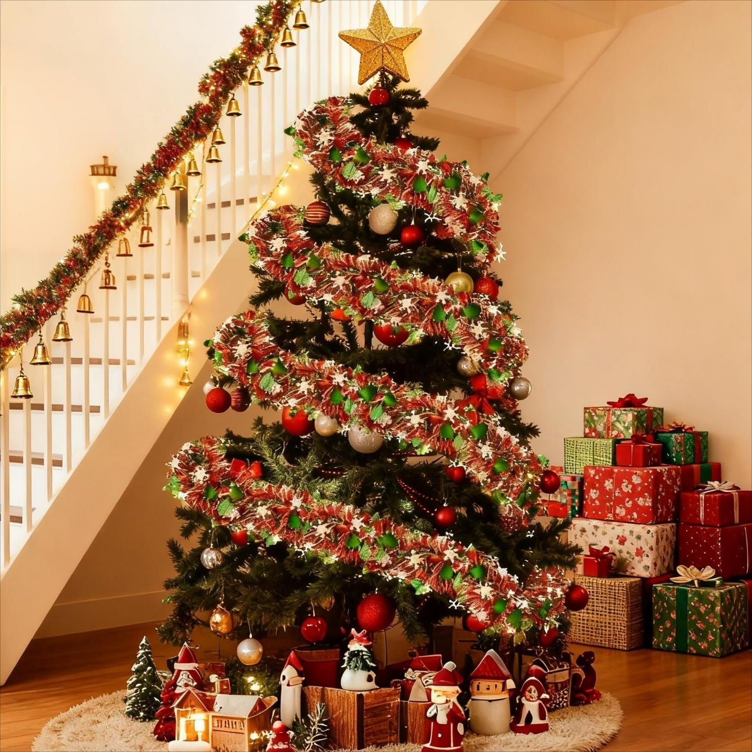 1 guirlanda de Natal listrada de floco de neve, ideal para casa, escadas, decoração interna e externa de Natal