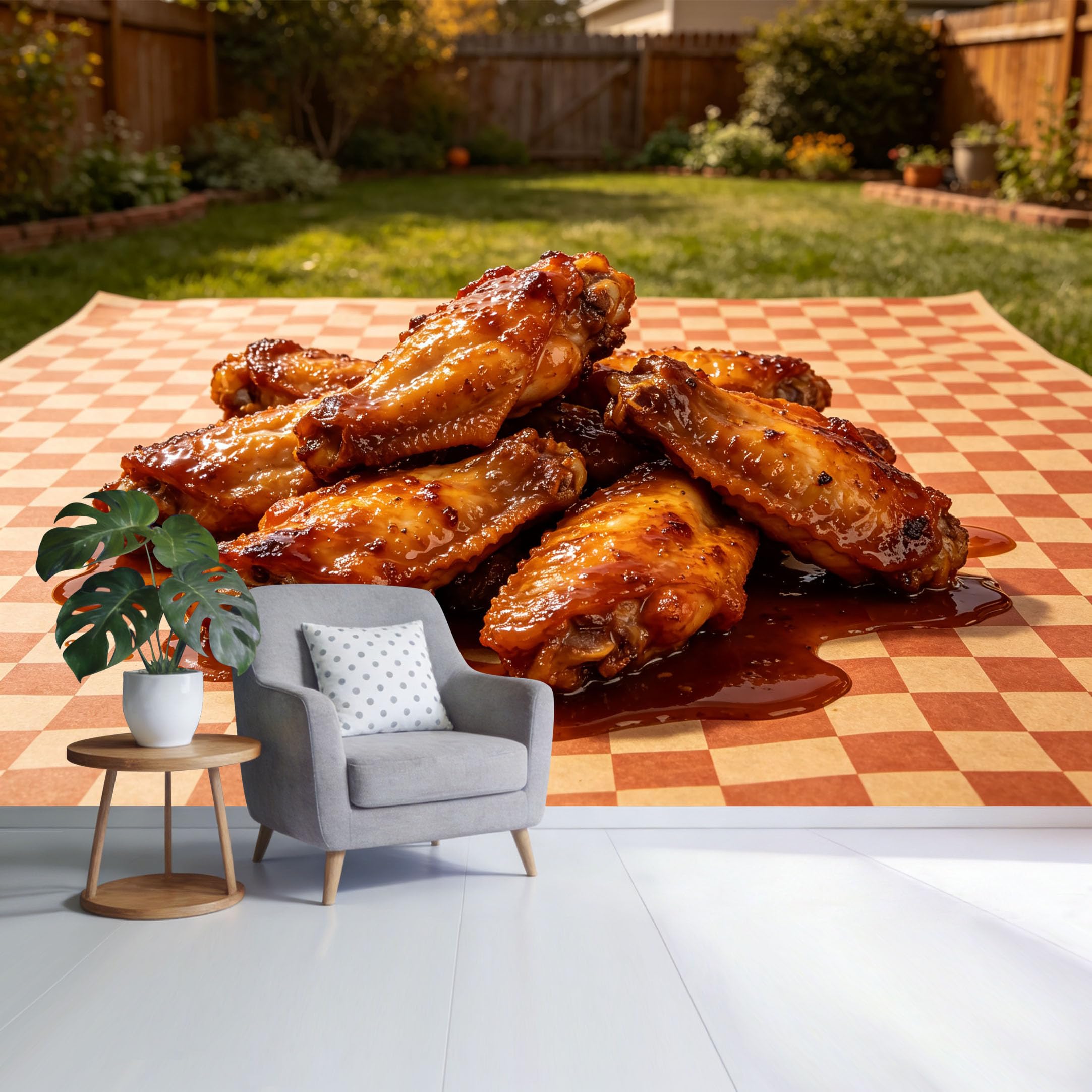 Custom Size Wall Mural Glazed BBQ Chicken Wings Rustic Backyard Farmhouse Food Photography SelfAdhesive Wall Fabric Removable Wallpaper for Home Office Decor