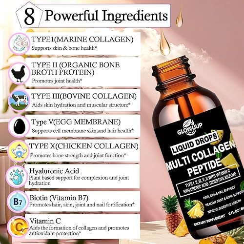 Miniatura 2 de Gotas líquidas de péptidos de colágeno múltiple para mujeres y hombres, tipo I, II, III, V, X, péptidos de colágeno hidrolizados, proteínas de