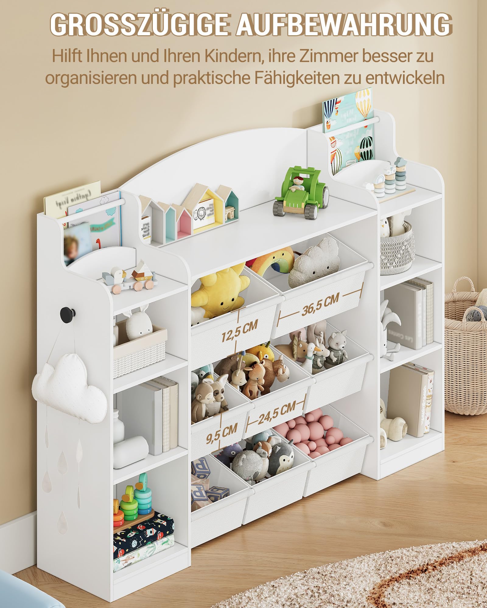 Hzuaneri Kinderregal, Bücherregal Kinder aus Holz, Spielzeugregal mit 8 Stoffschubladen für Kinderzimmer, Wohnzimmer, Arbeitszimmer Weiß 30 x 140 x 104 cm KB43003W
