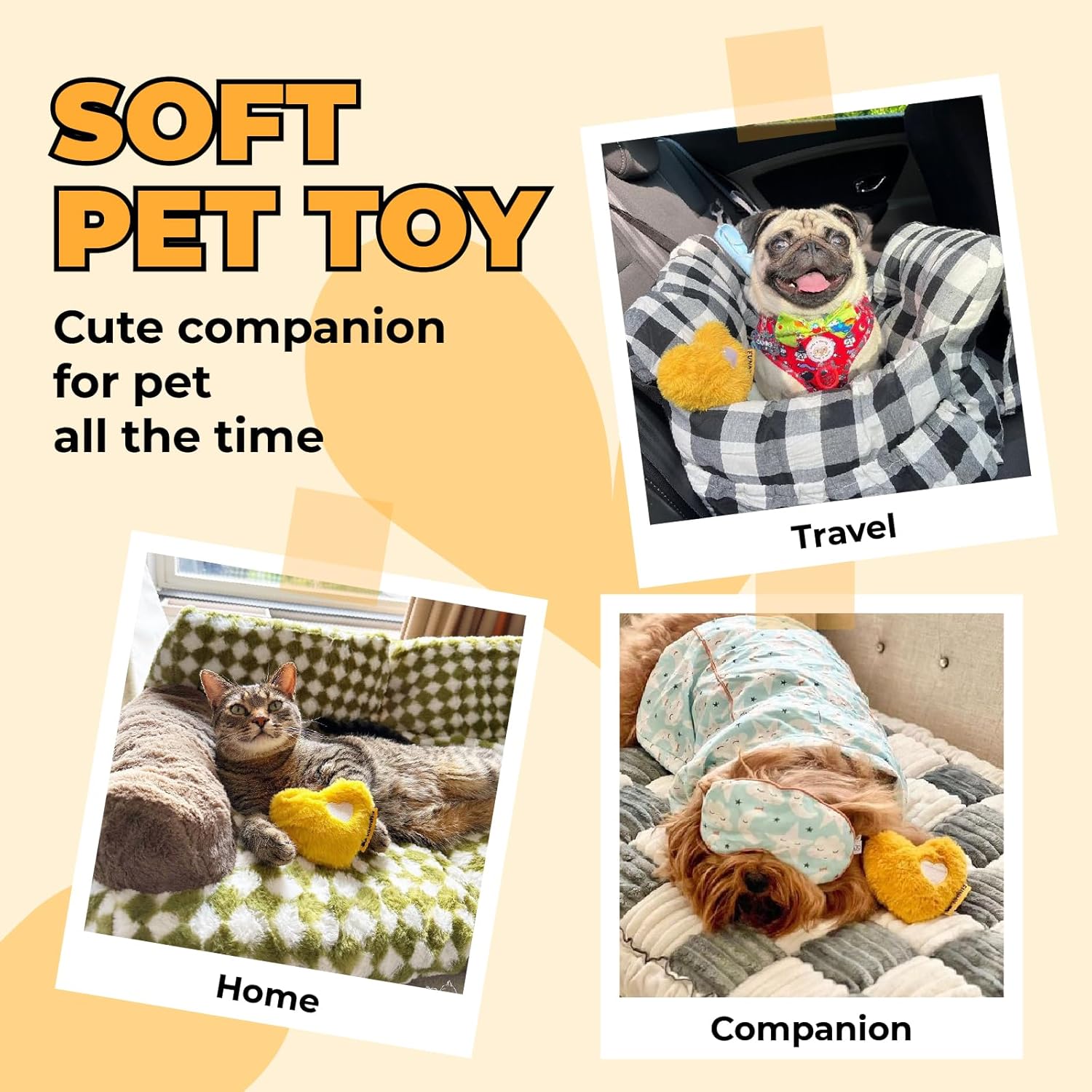 FUNNY FUZZY Dog Toy, Heart Plush Squeaky Dog Toy for Puppy Cats with Soft Squeaker, Fun for Indoor Puppies and Kitten, Pet Toy for Small Medium Large Breeds, Yellow,2 Pack