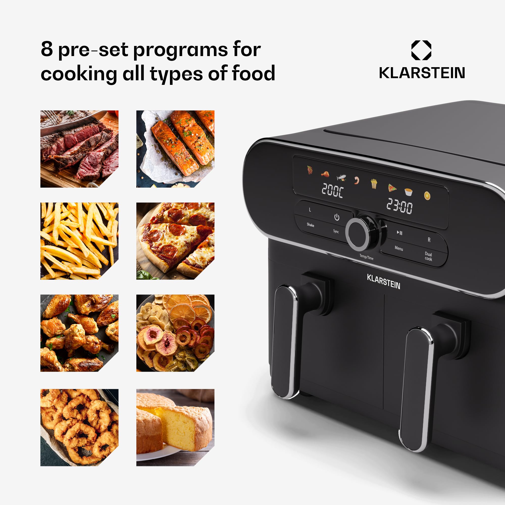 Klarstein AuraAir Color Touch Dual frytkownica na gorące powietrze, 11 l, podwójna komora Airfryer, 1700 W, 8 programów, ekran dotykowy, 75% mniej tłuszczu, nieprzywierająca, ochrona przed