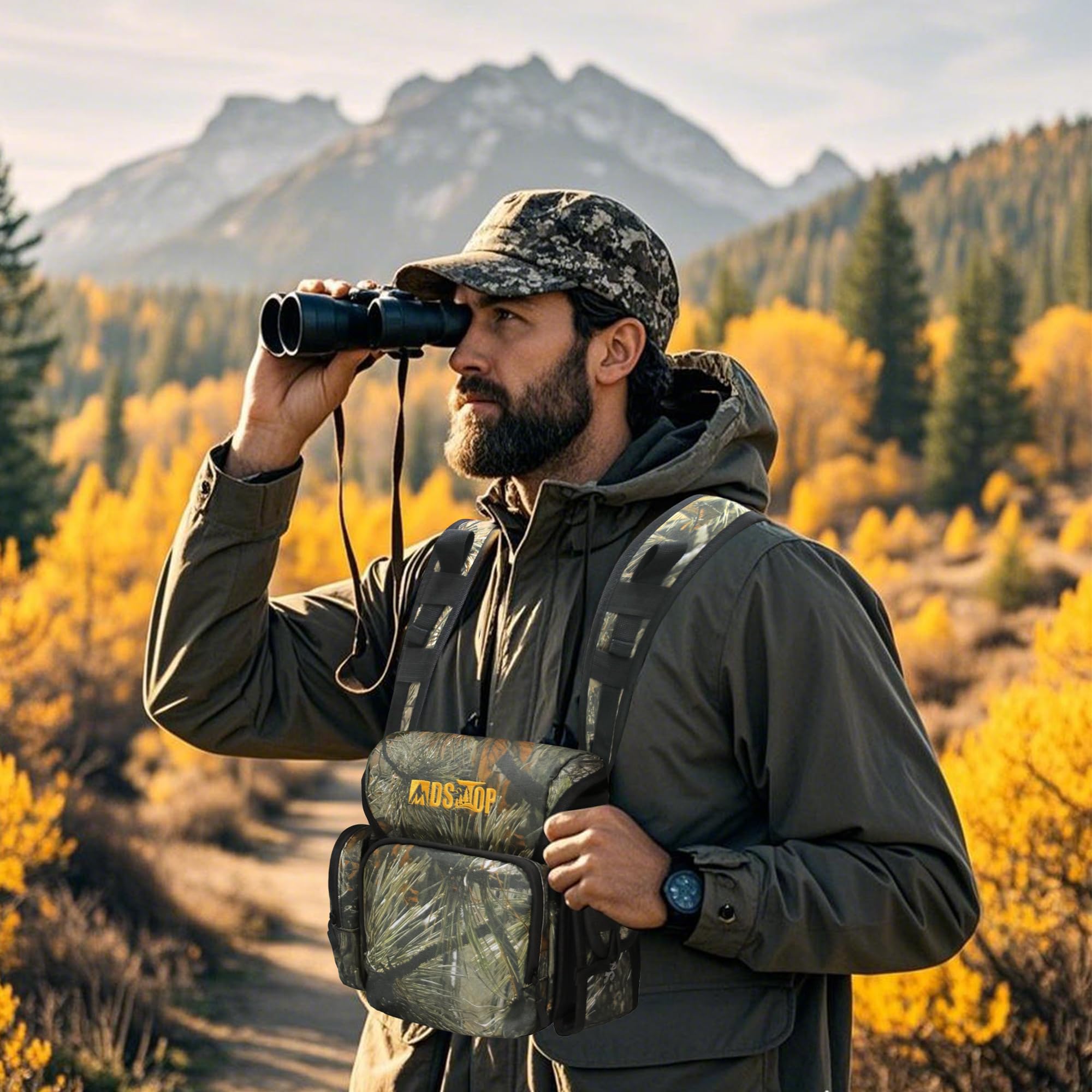 MDSTOP Fernglas-Brusttasche, Bino-Tasche mit Entfernungsmesser-Tasche, Bino Geschirr, für Vogelbeobachtung, Jagd, Wandern, Schießen (Kiefernnadel-Camo)
