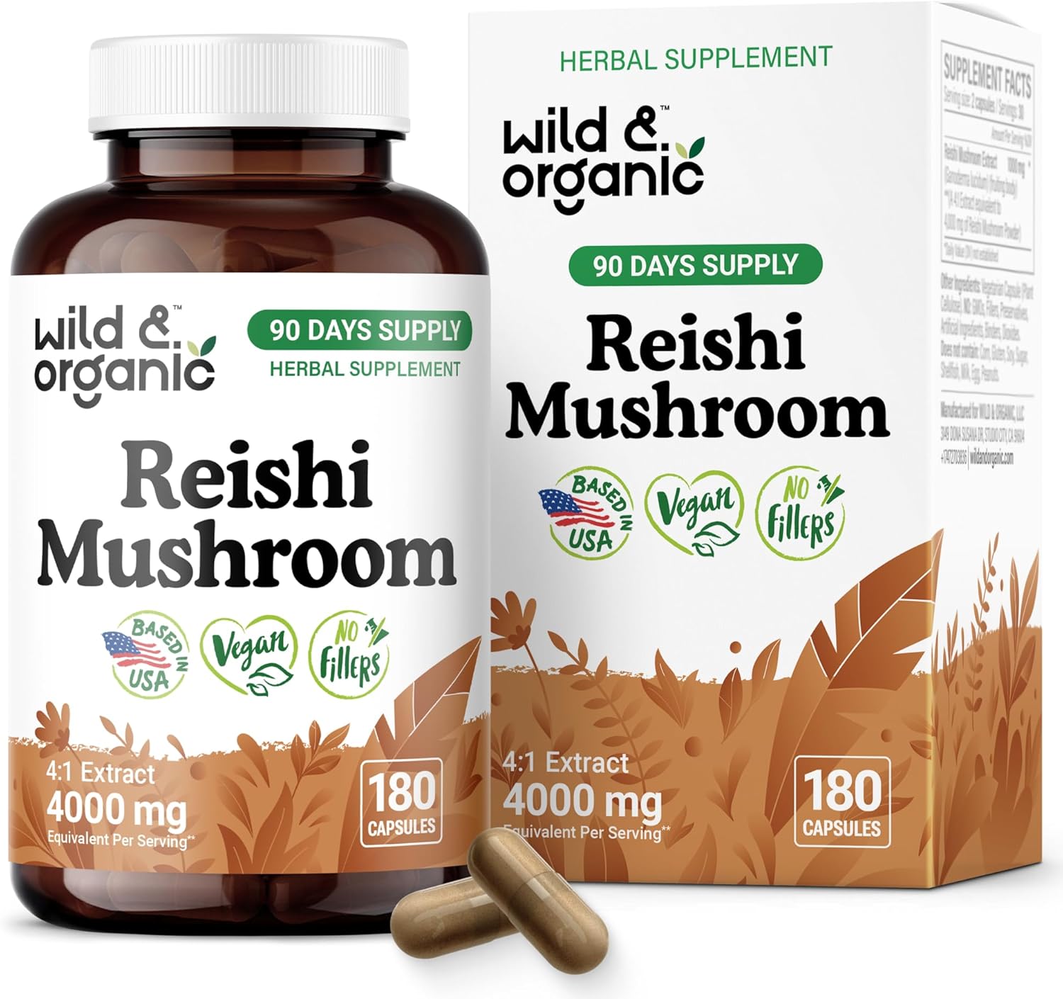 Wild & Organic Reishi Mushroom Capsules 1000 mg - Immune & Energy Support - Red Reishi Mushroom Extract - Ganoderma Lucidum Supplement - 180 Vegan Capsules - 90 Days of Supply, Non-GMO, Gluten-Free