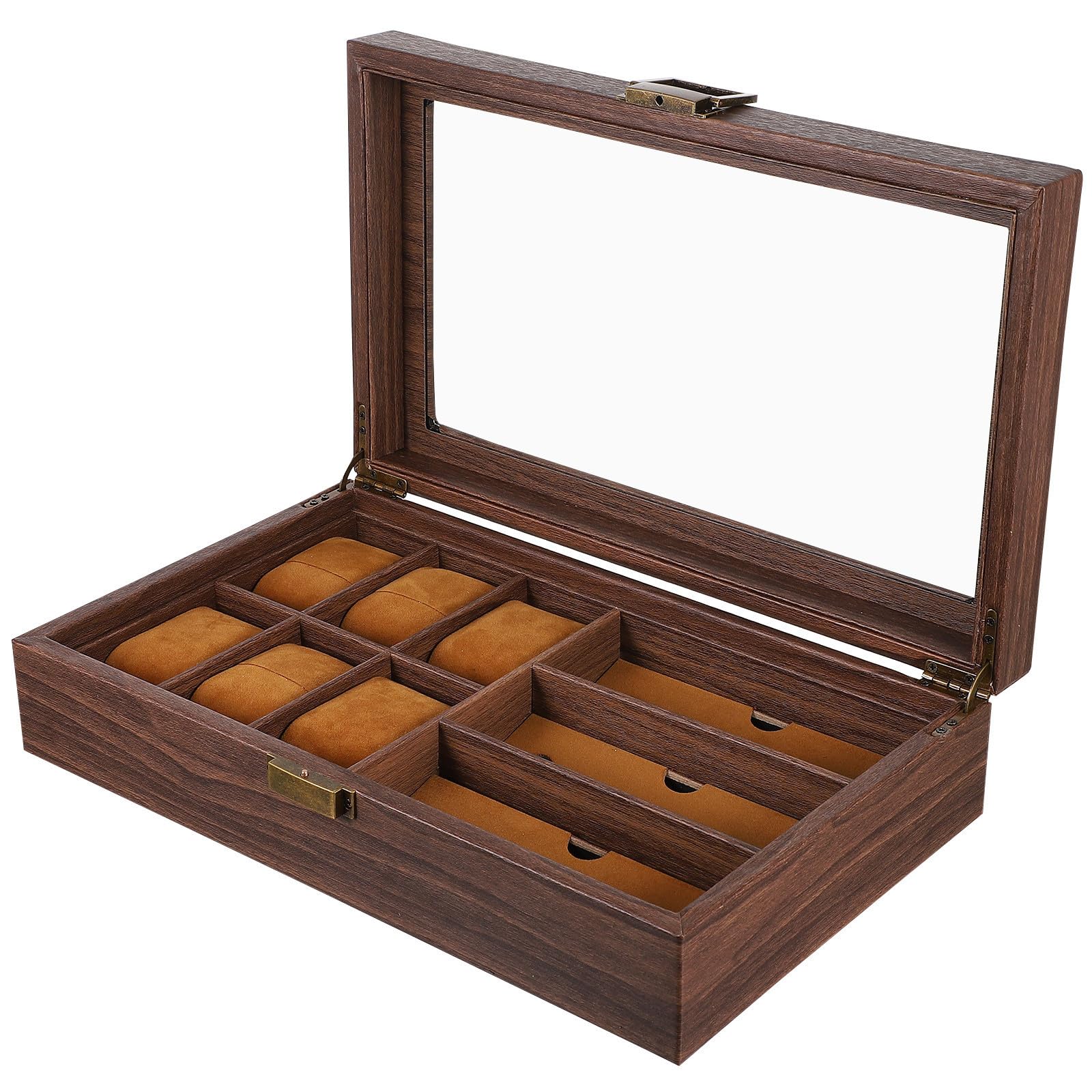 TOYANDONA Caja Organizadora y 3 Espacios Retro de Relojes y Gafas de Madera 6 Compartimentos Estuche Funcional para Almacenamiento y Exhibición para Relojes para Gafas
