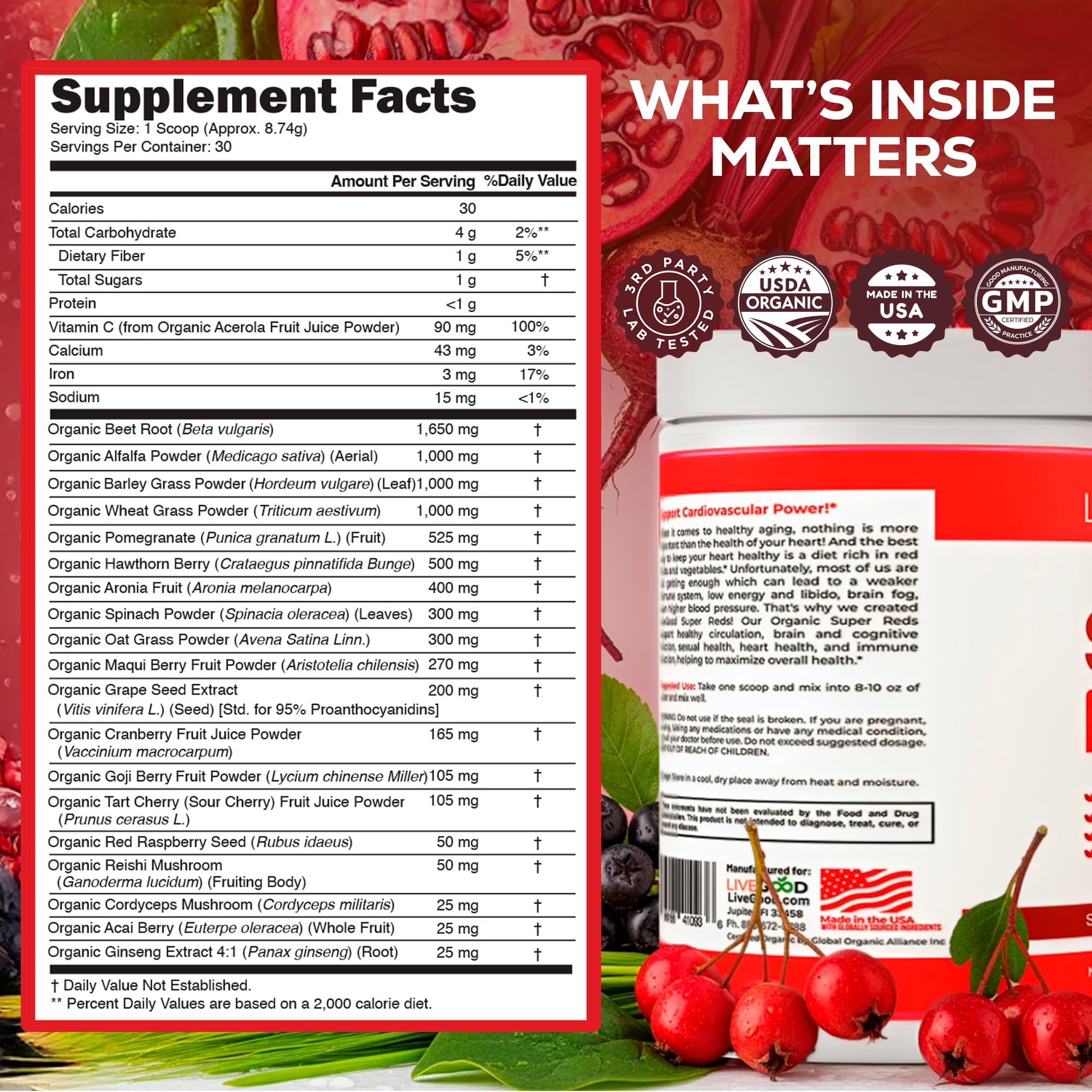 LiveGood Super Reds Organic Superfood Powder with Beetroot and Organic Pomegranate Powder, Antioxidant Fruit Blend and Red Beets Supplements for Daily Energy (30 Servings) — Amazon image 3