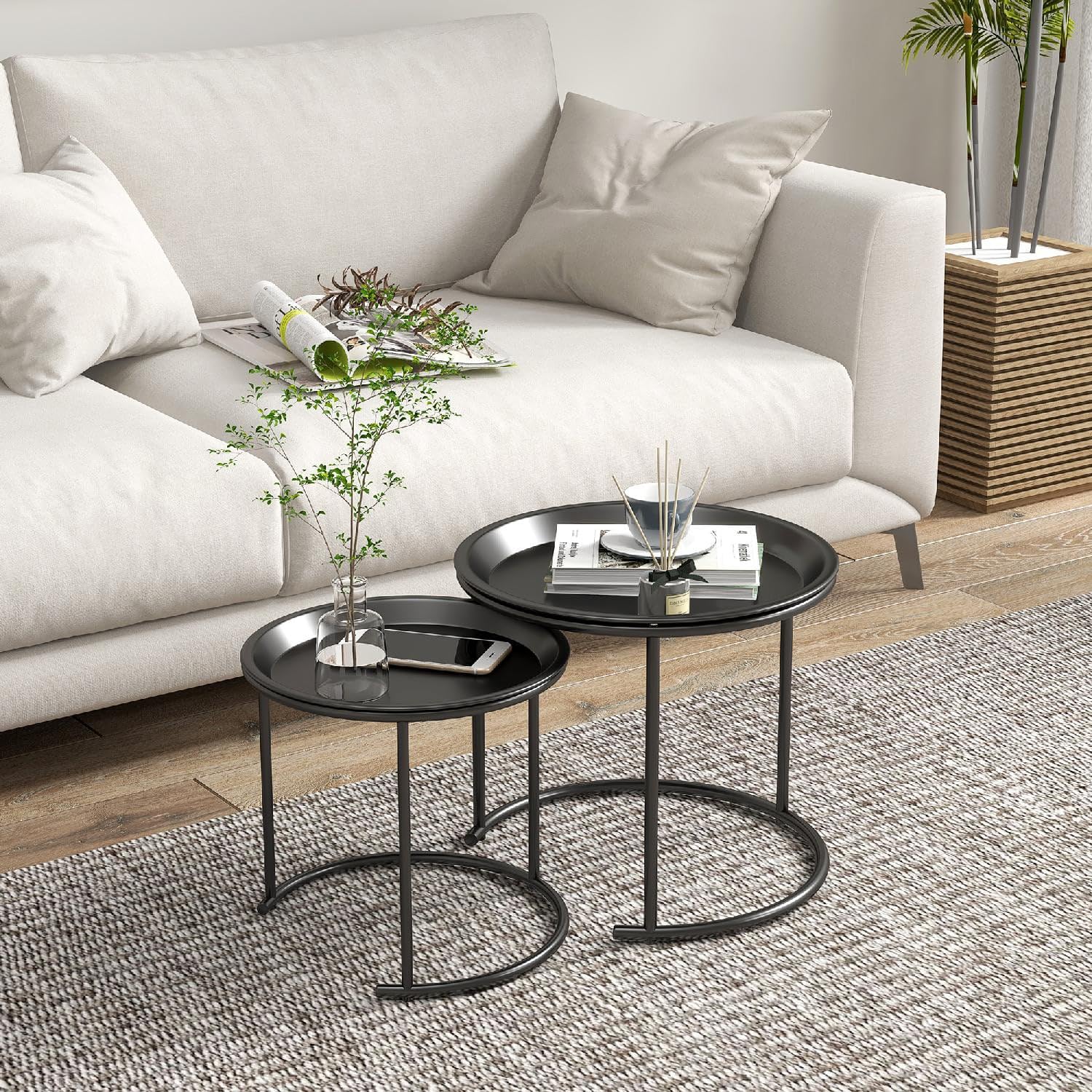 Tavolo da Giardino Rotondo Set 2 Tavolini in Acciaio Dimensioni 43x43x38 cm colore Nero