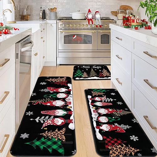 Miniatura 4 de ASPMIZ Juego de 3 alfombras y tapetes de cocina de Navidad, diseño de gnomo de árbol de Navidad, tapetes de cocina de invierno antideslizantes,
