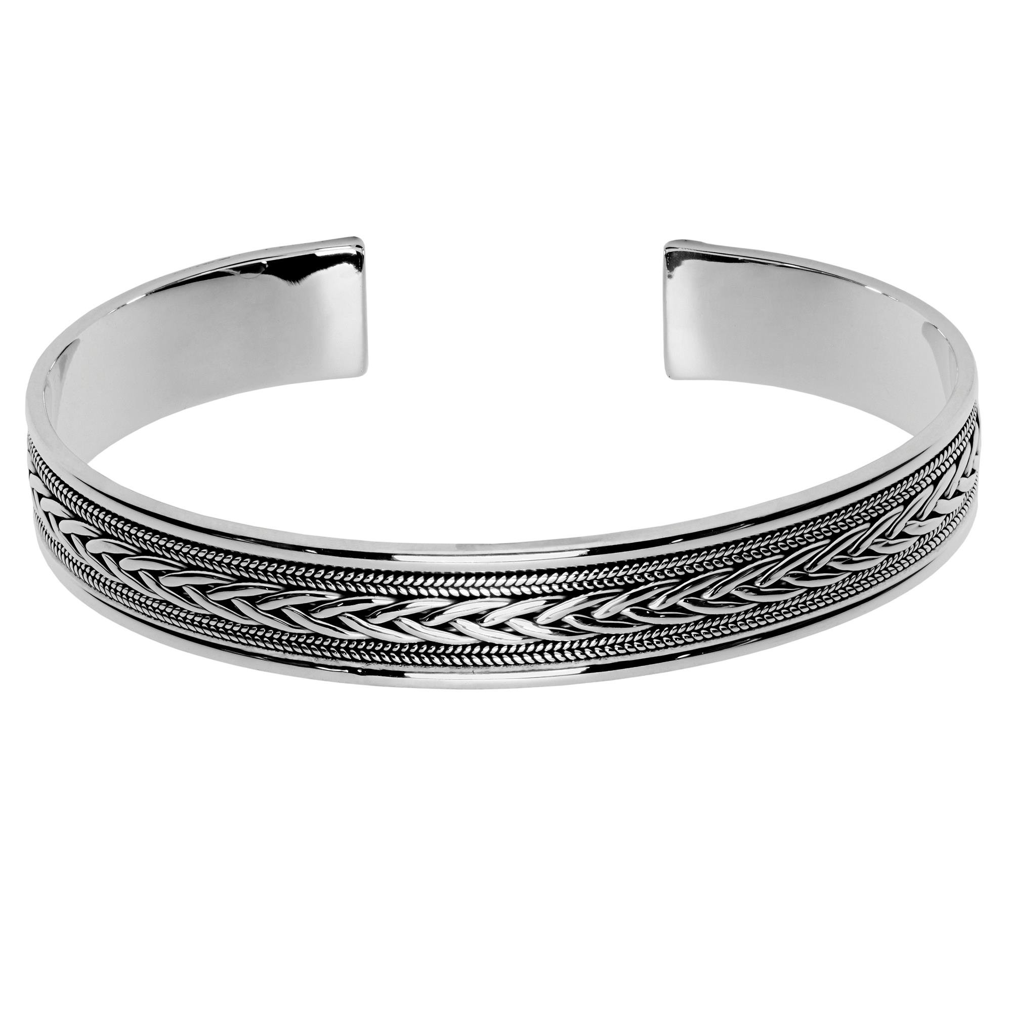 Silverly Brazalete Ancho con Nudo Celta en Plata de Ley 925 con Trenza y Patrón de Cuerda | Brazalete Plano Ajustable y Grueso para Hombres y Mujeres | Joyería Boho | Pulseras Trenzadas de Plata 925