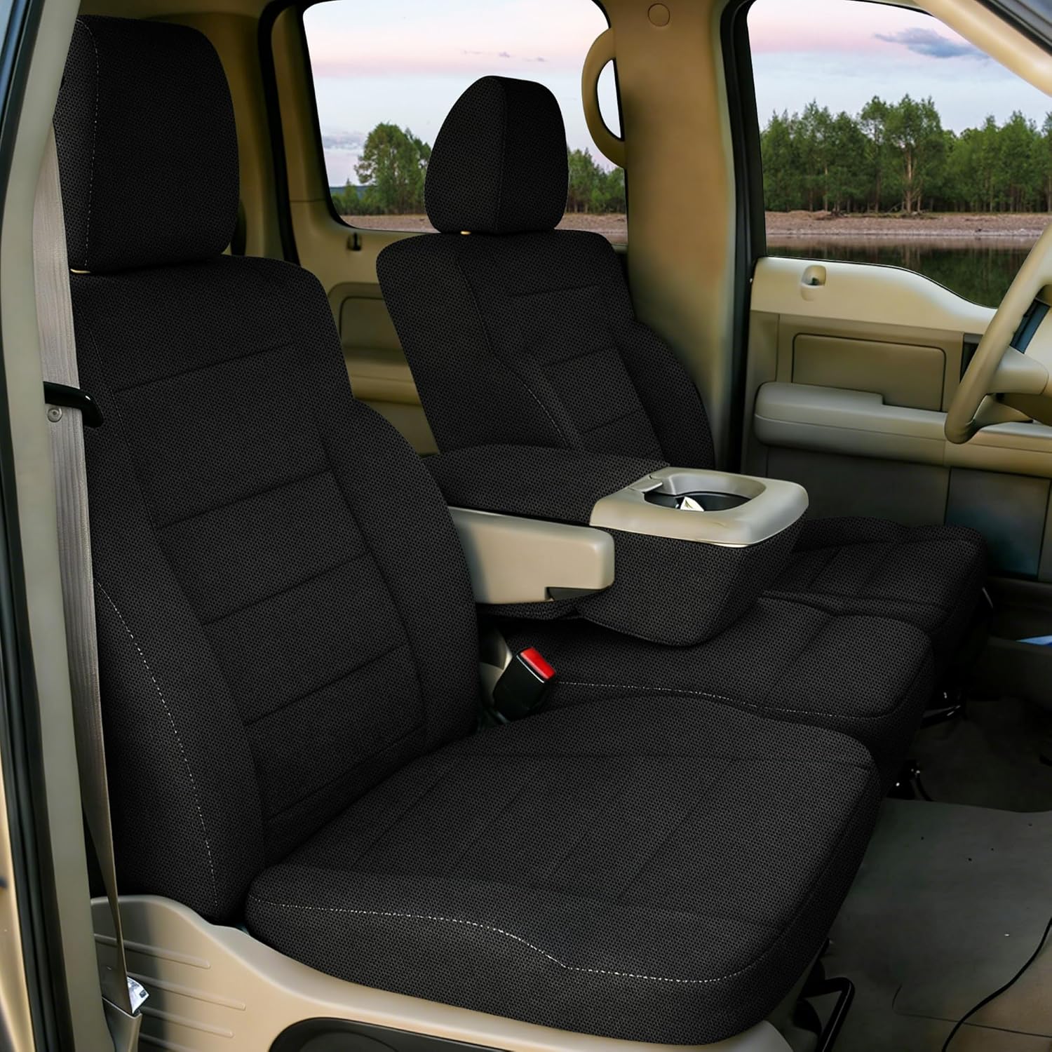 Front 40/20/40 Split Bench Seat Covers for Ford F150 XL Standard Cab 2004 2005 2006 2007 2008 Models with Integrated Seat Belts Solid Armrests Sandwiched Composite Sponge Fabric Black