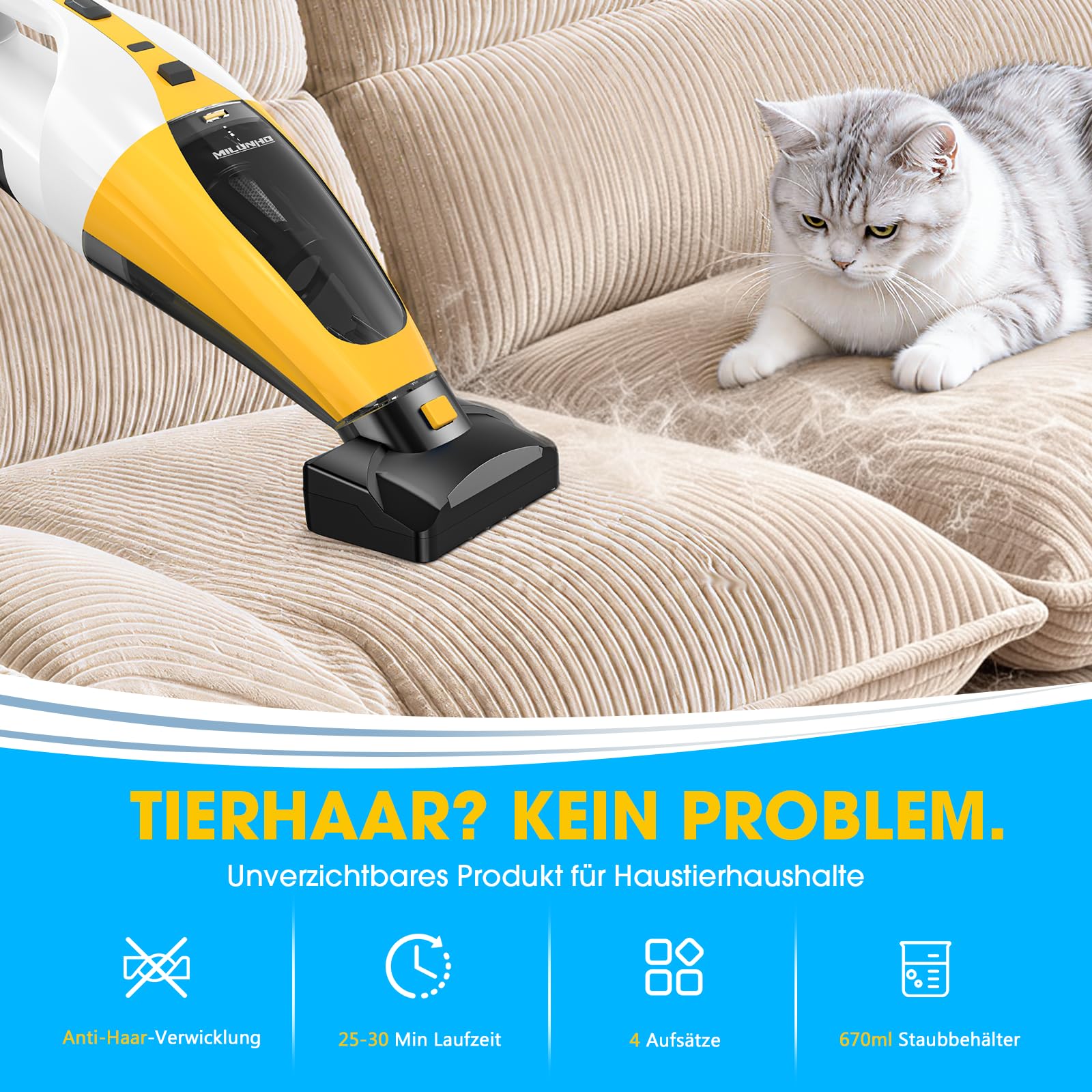 Kabelloser Tierhaar Handstaubsauger mit Doppelmotor, HEPA Filter | Anti-Haar-Verwicklung Bürstenrolle, Elektrobürste und Haustier Zubehör für Hundehaare, Katzenhaare, Sofa & Auto