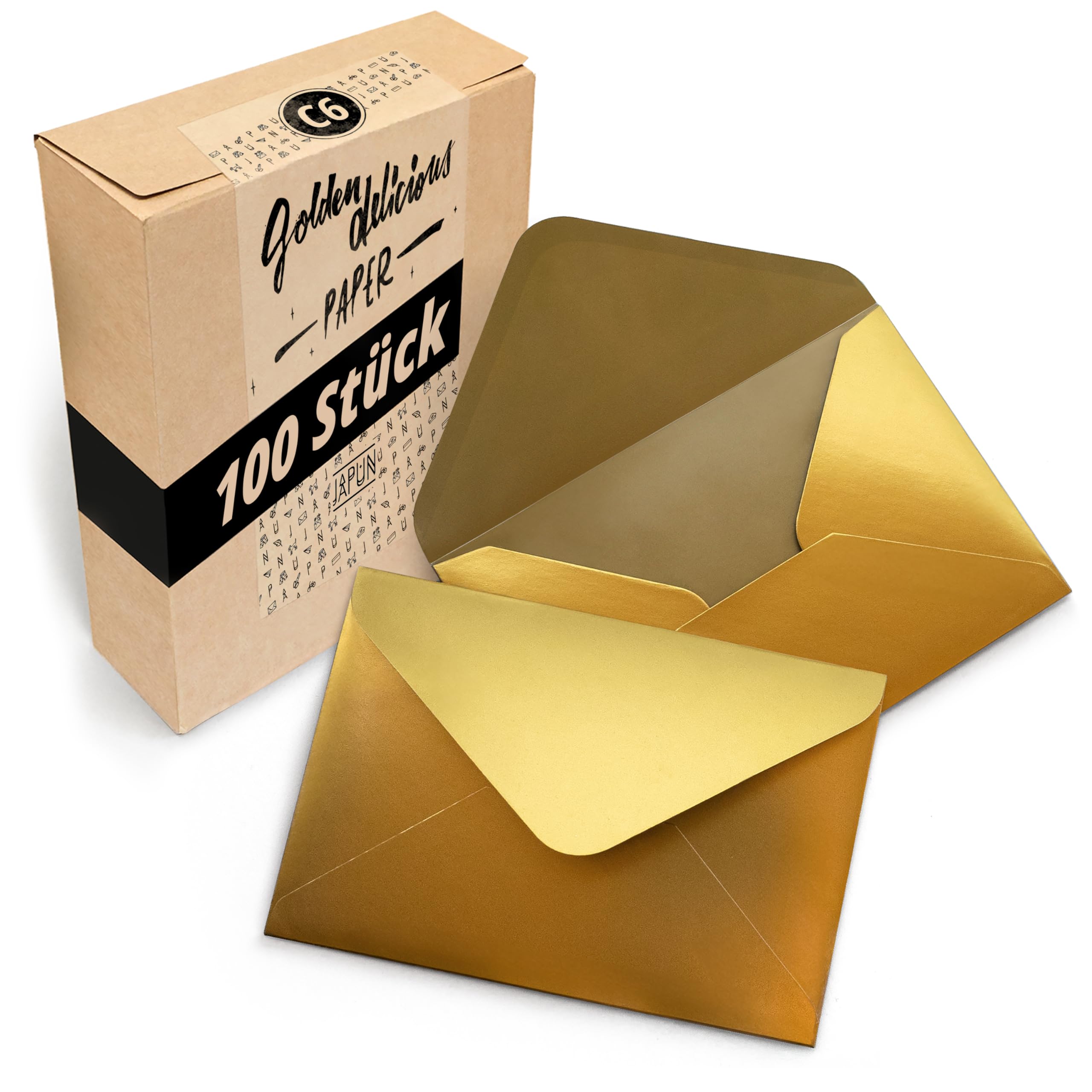 Japun – Briefumschläge (100 Stück) aus Papier, Kuvert, Umschlag ohne Fenster - DIN C6-162 x 114 mm - gold