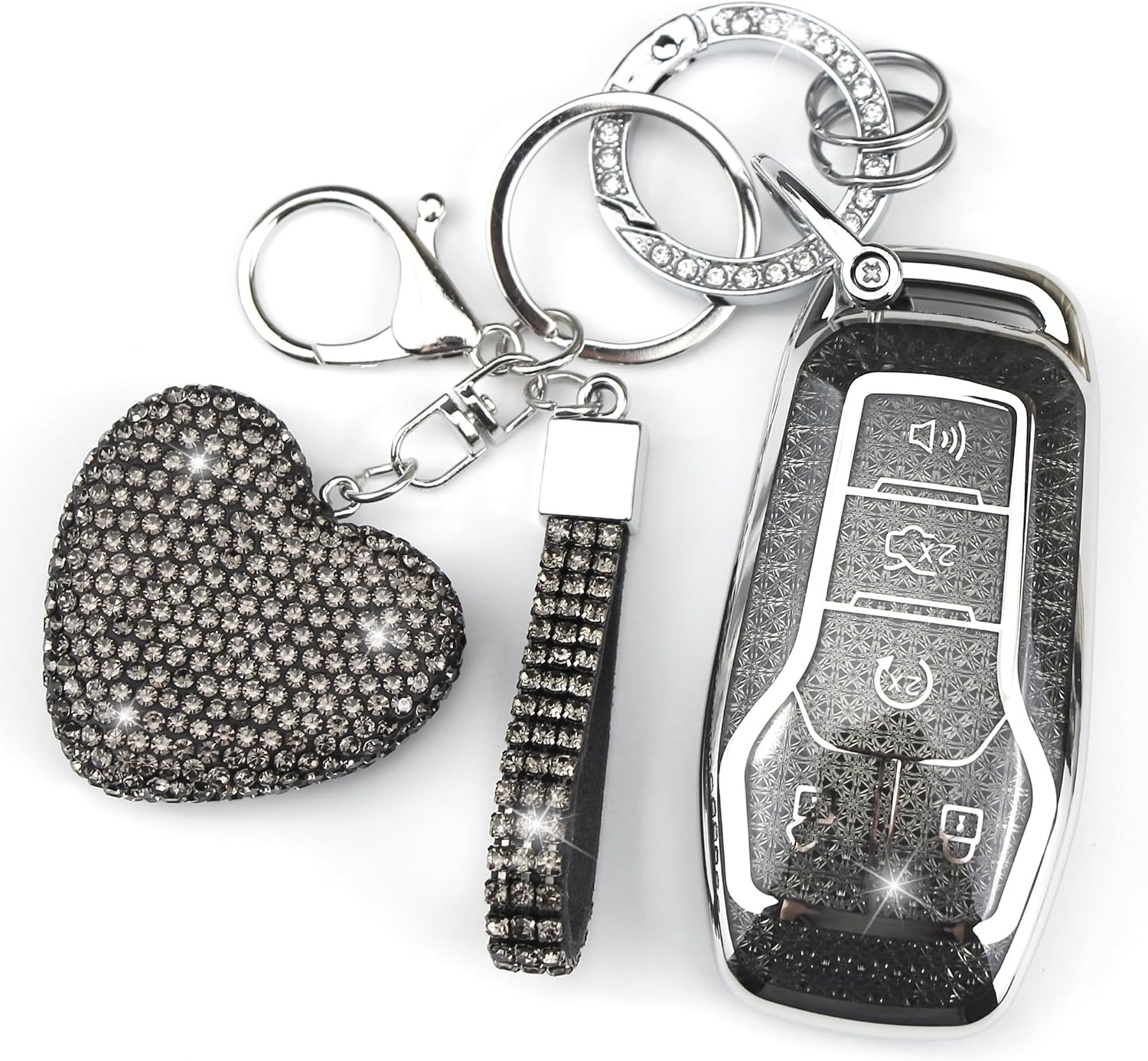 Key Fob Cover with Diamond Keychain Car Key Holder Case Compatible with Ford Fusion Mustang F150 Edge Explorer Lincoln MKZ MKC MKX Protector for Women, 5 Buttons (Black-Heart)