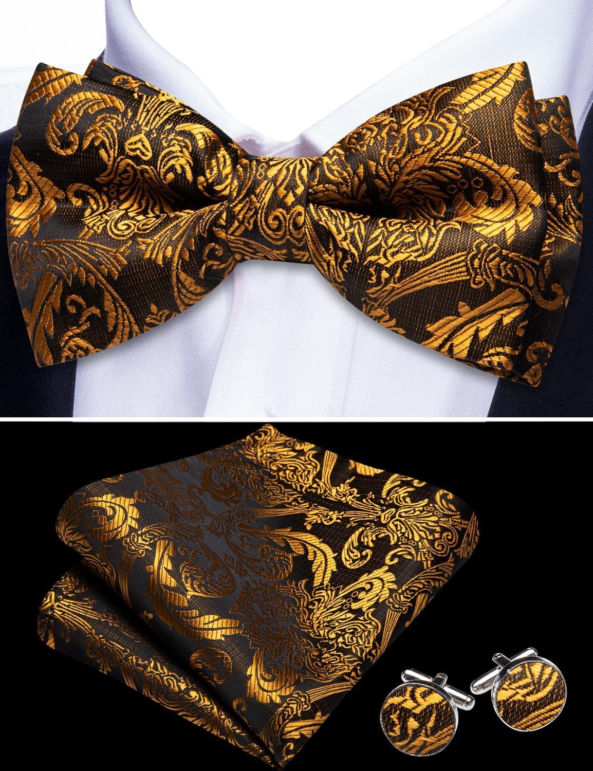 YOHOWA Mens Bow Tie Set Paisley Coloful Pre-tied Bowties Adjustable with Handkerchief Cufflinks Wedding Prom Party - Image 3