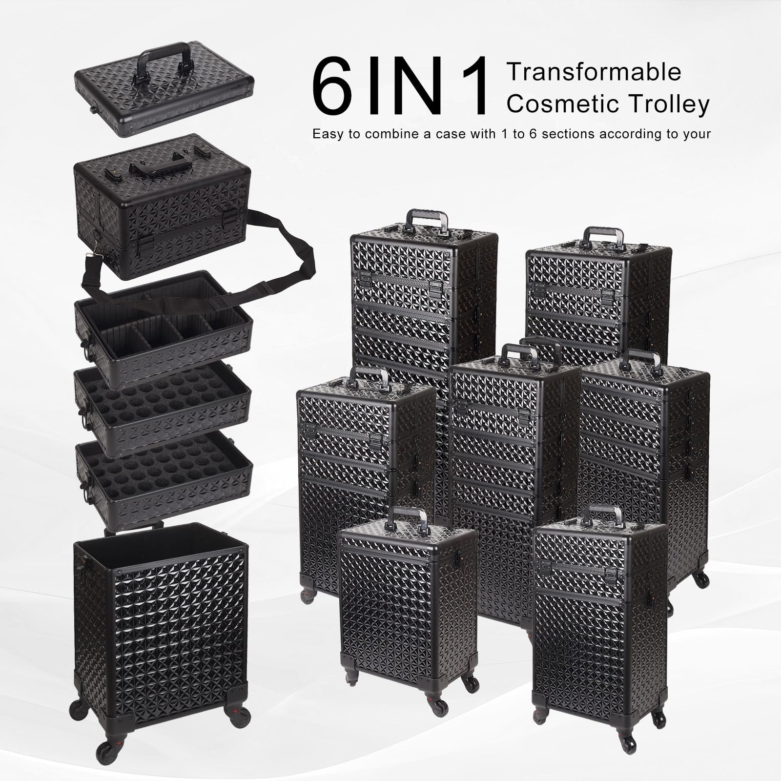 Kosmetikkoffer Trolley 6-in-1 Schminkkoffer mit Spiegel Schloss Großer Kosmetik Reisekoffer Make-up Organizer Schwarz