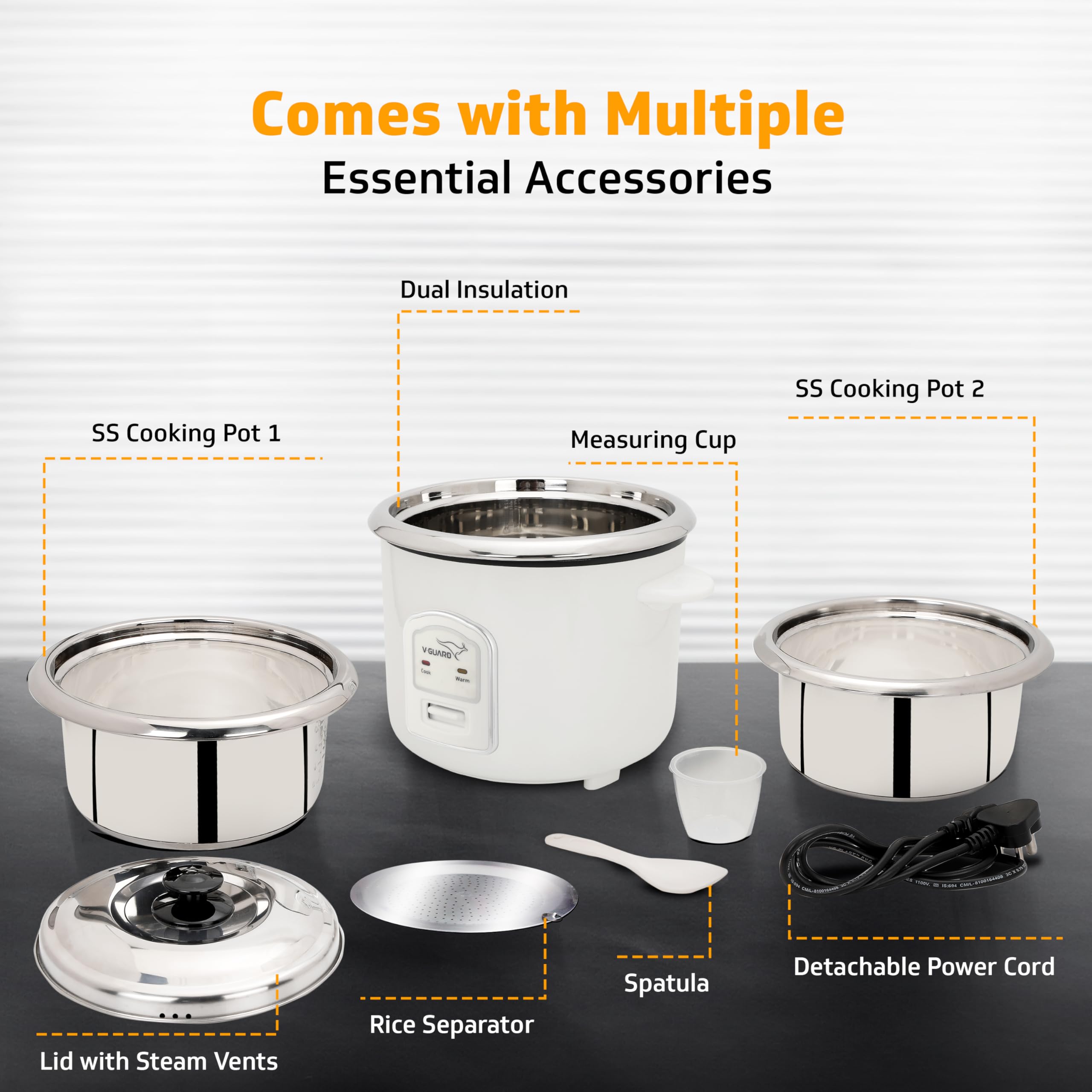 V-Guard Rice Cooker - 1.8L, 700W, 2 Pots -8