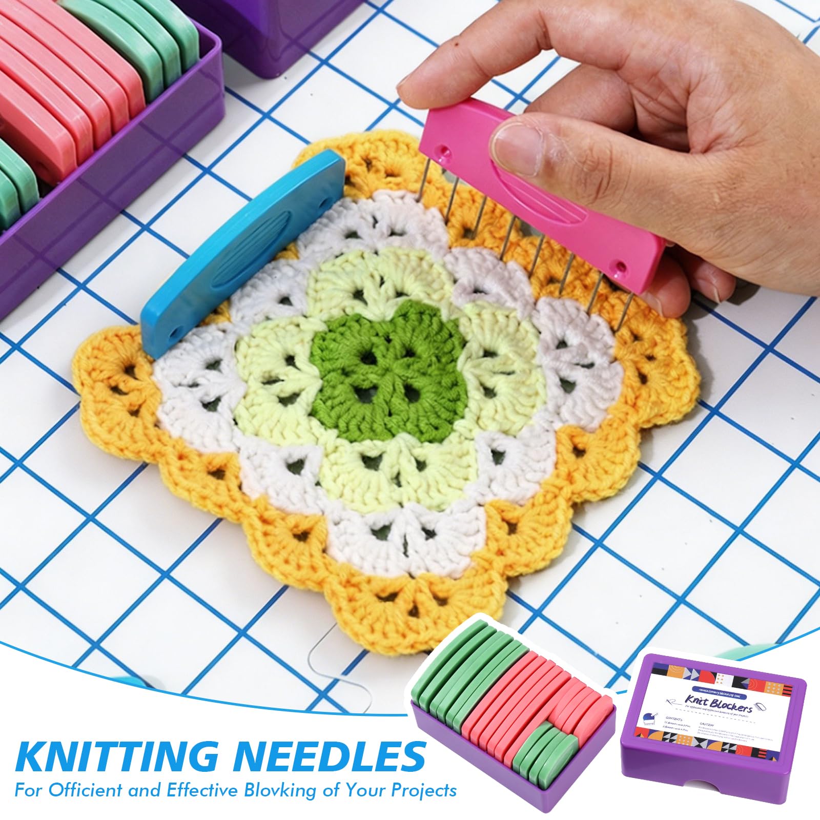 IDAMAKON 9 Stück Blocking Matte mit Raster Extra Dicken Spannmatten Stricken Spannmatten Für Handarbeiten mit Knit Blockers Box Nadelhalter und 180 Formnadeln für Stricken Häkeln & Granny Squares