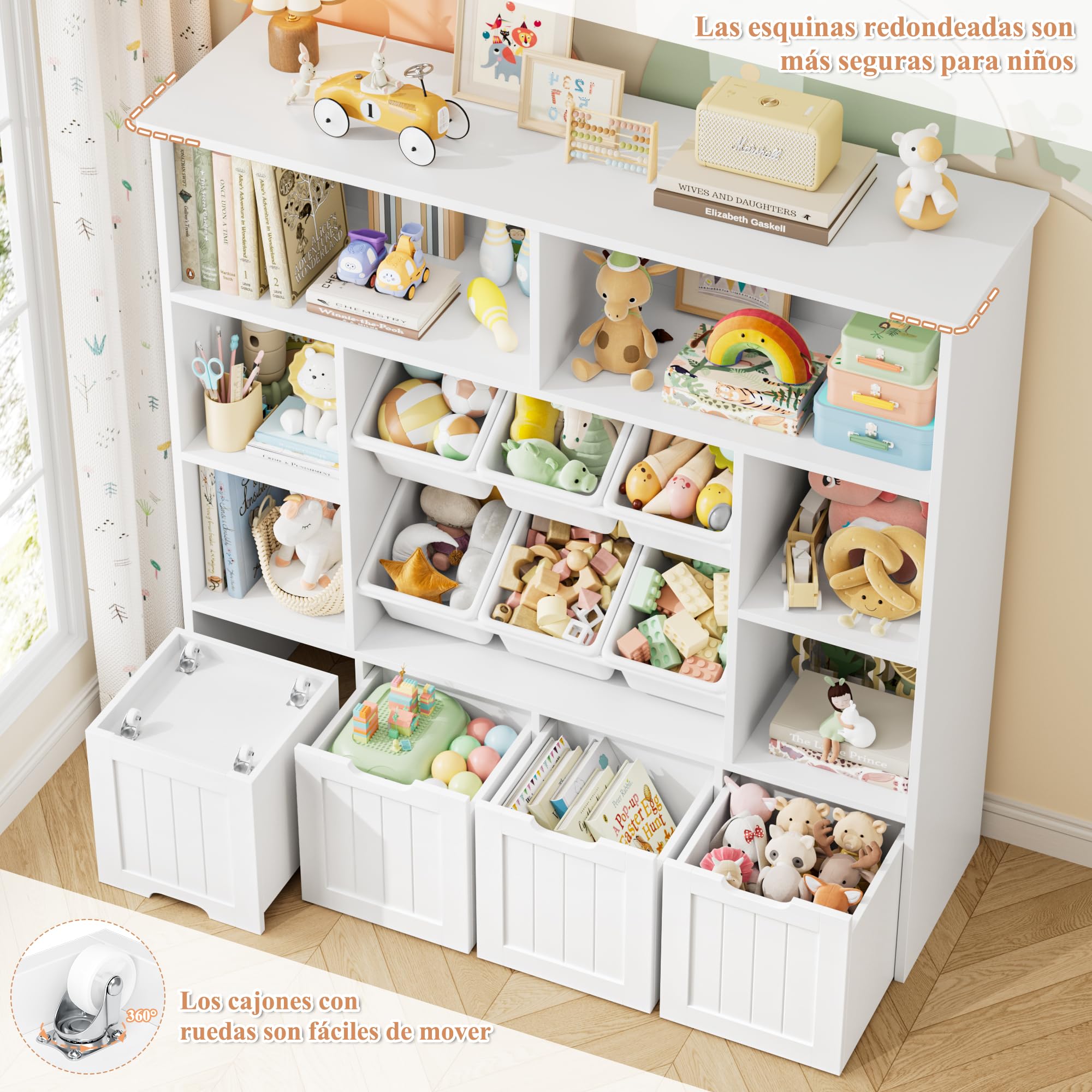 FOREHILL Mueble Infantil, 6 Cajones de Plástico Extraíbles 6 Compartimentos | Estantería Infantil, Mueble Juguetes Organizador 4 Cajones con Ruedas, para Habitación Infantil 125An.x33F.x121.5Al.cm