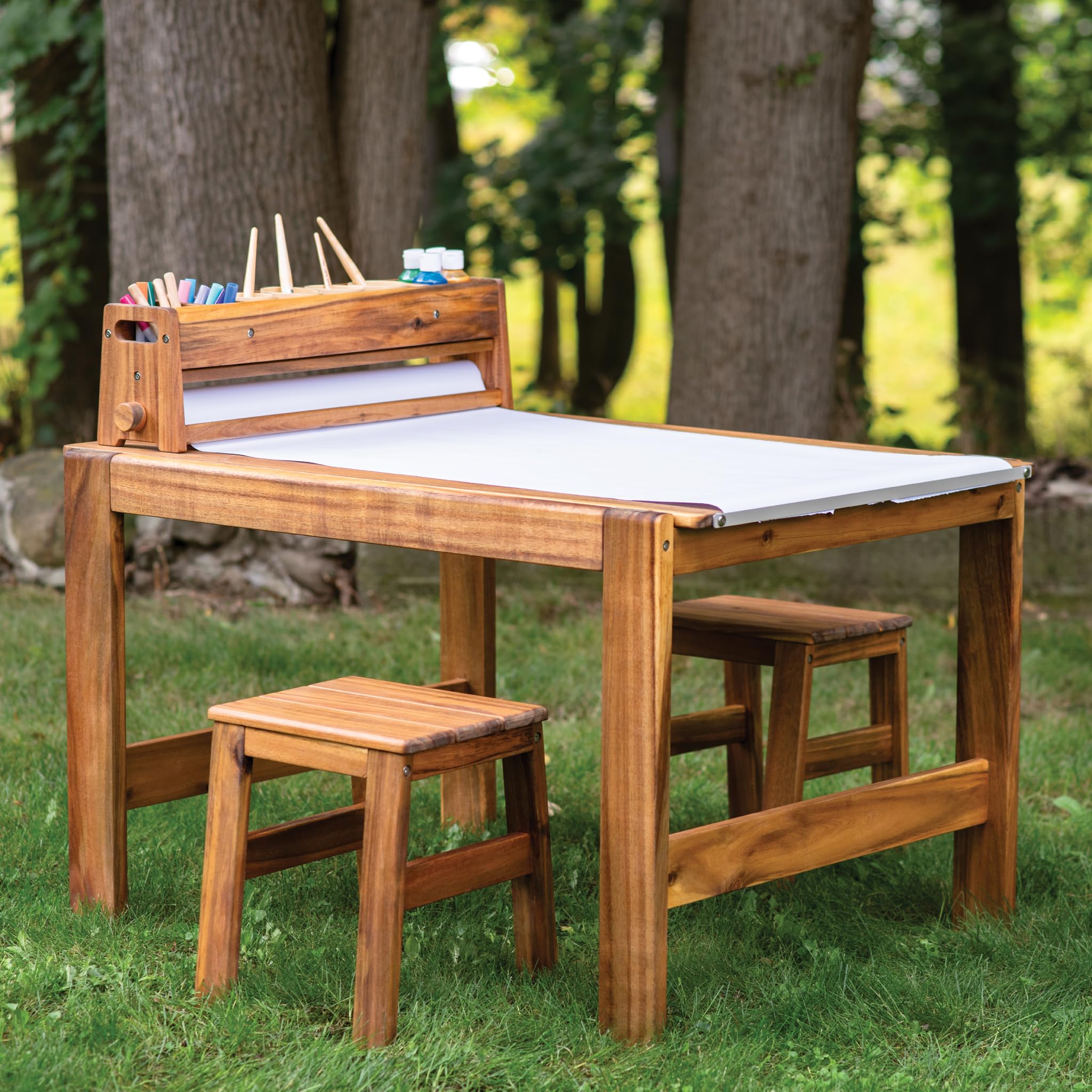 Guidecraft Acadia Outdoor Art Table and Stool Set: Kids Acacia Wood Arts and Crafts Table w/ 2 Chairs, Mobile Storage Paper Roll, and Paint Cups for Drawing, Painting and Toddler Picnic Activities
