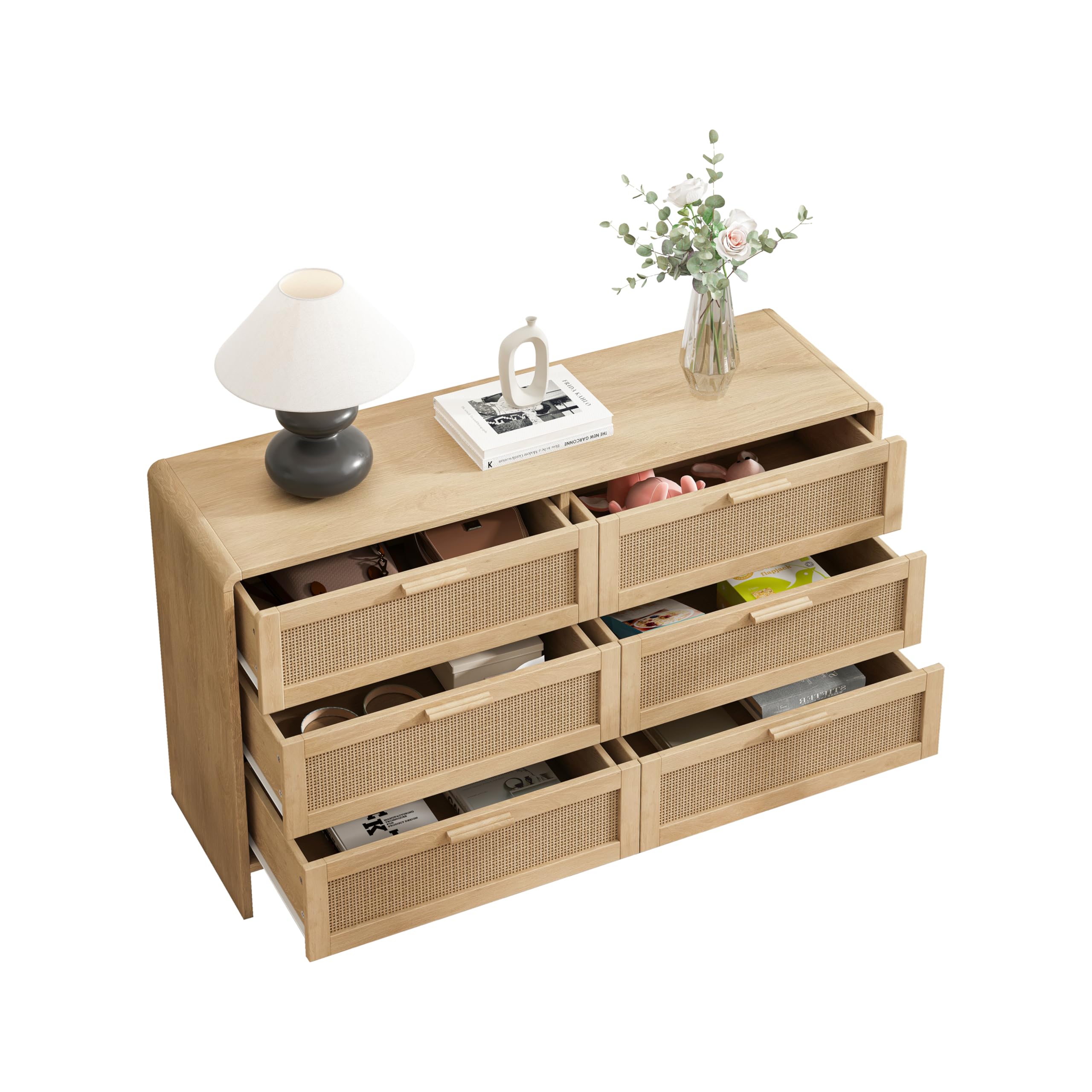 Muskel Elegante cómoda de ratán de 130 cm con 6 cajones, diseño curvado para esquinas pequeñas, crea espacio de almacenamiento decorativo para salón, dormitorio o pasillo