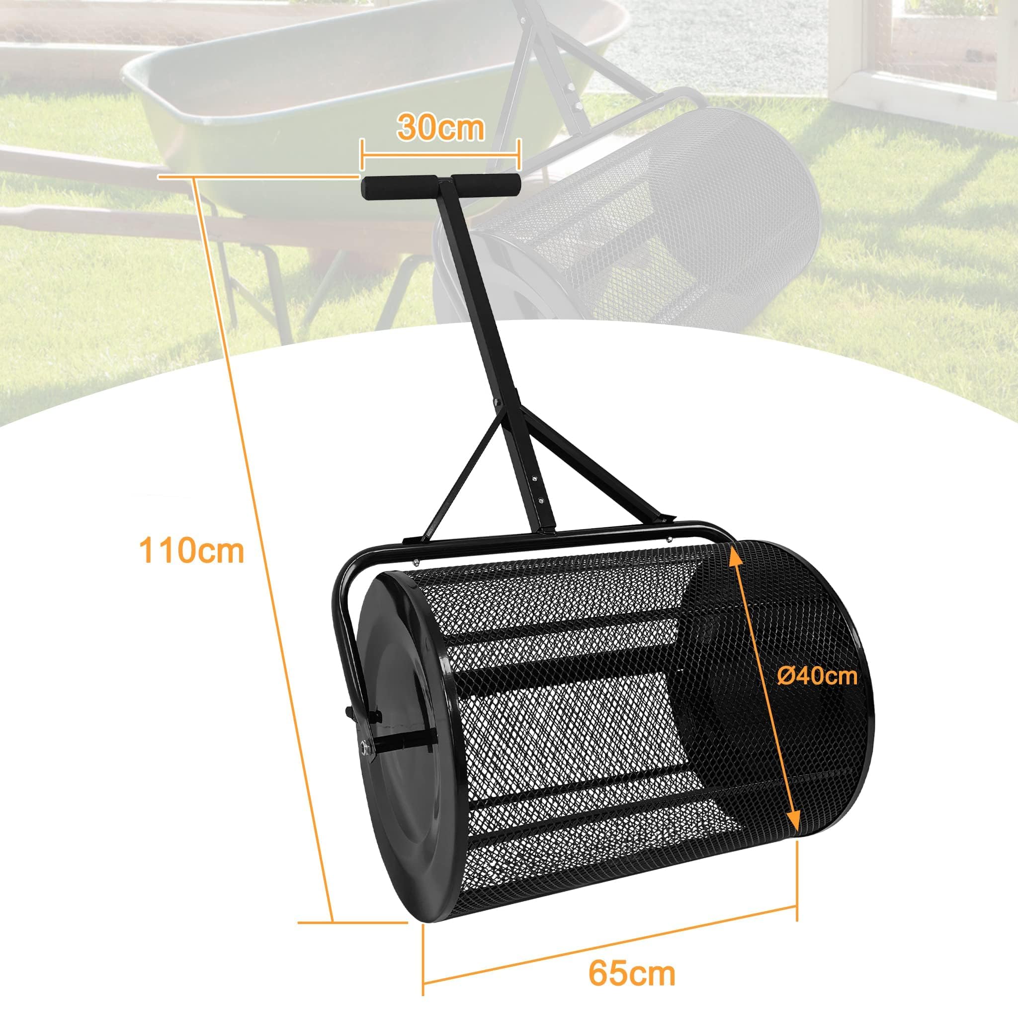 UISEBRT Esparcidor de compostaje de 80 l, color negro, con asa, esparcidor de compost y turba con cesta de malla, 65 cm de ancho, para compost, abono, turba