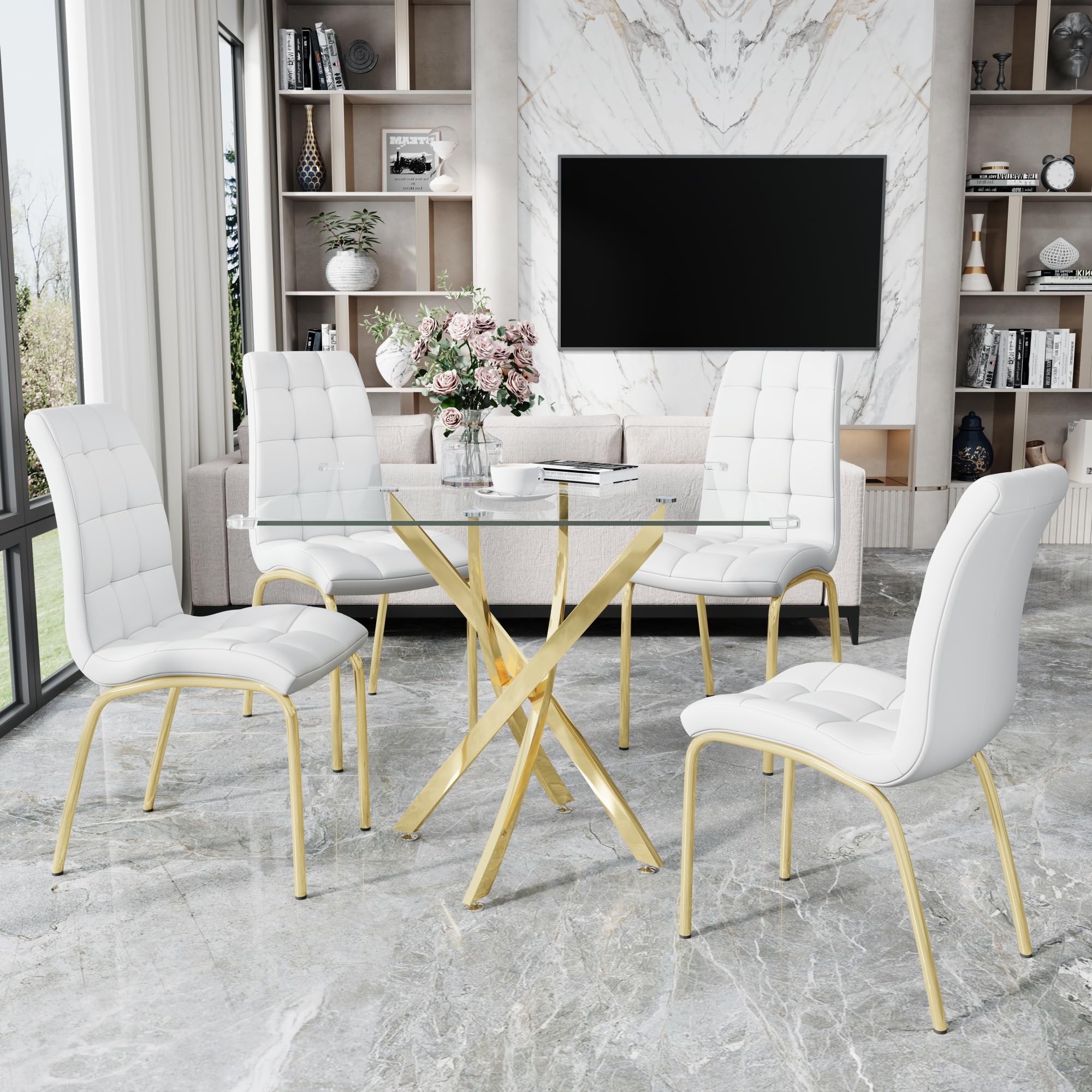 5 Piece Square Glass Dining Table Set, Round Tempered Glass Kitchen Table for 4, Modern Table with 4 High-Back Upholstered Chairs for Kitchen Dining Room (Gold Legs, 4 White Chairs)