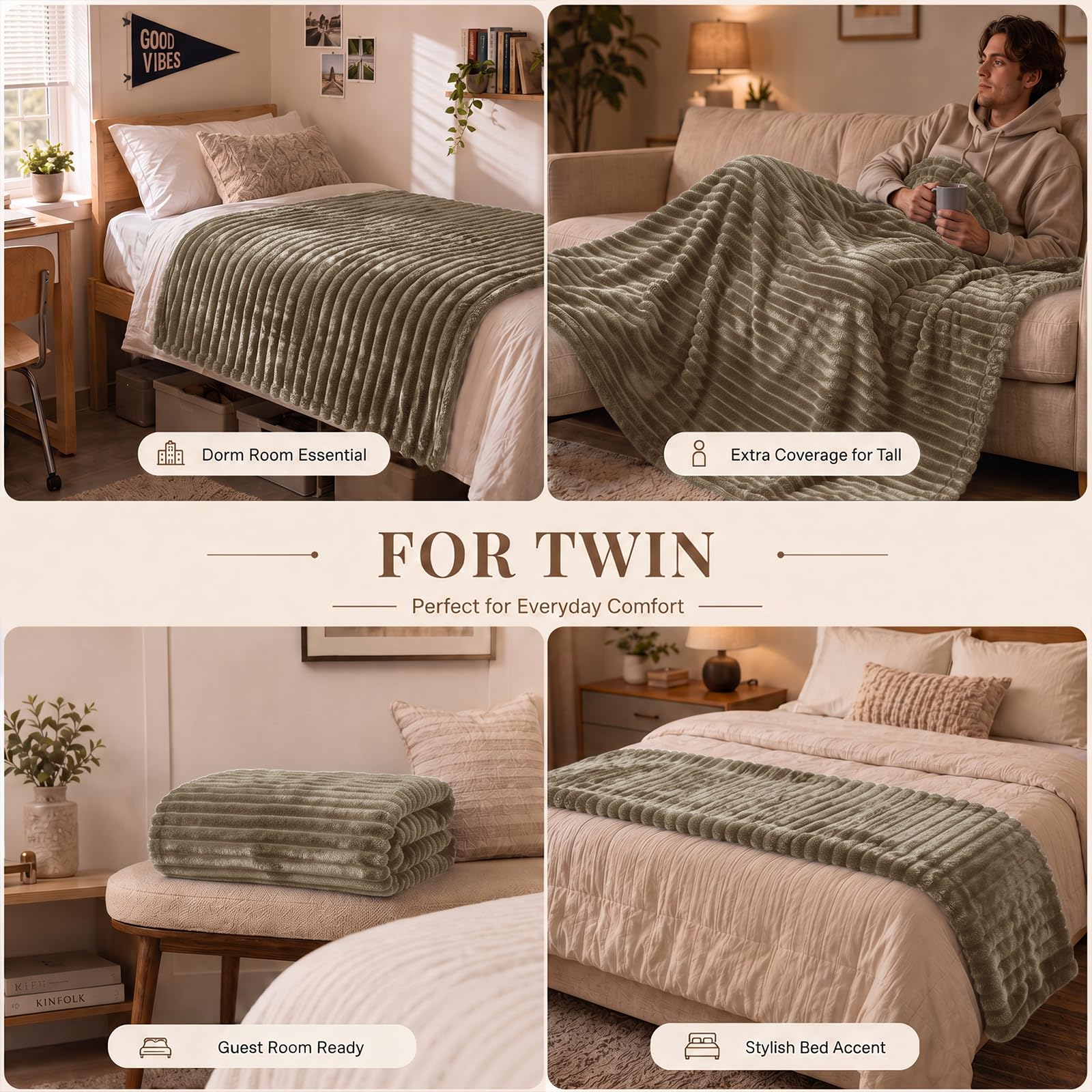 HIMEET Camel Twin Blanket for Bed, 300GSM Ribbed Fleece, 60 x 80 Inches view 4